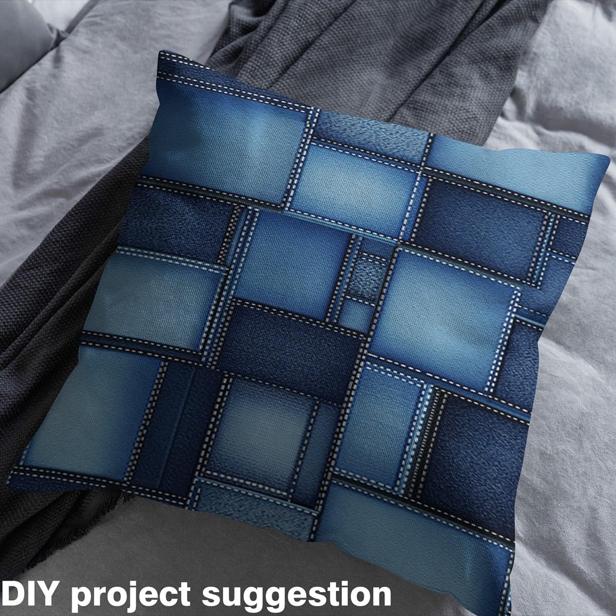 Feelyou Geometric Outdoor Fabric by The Yard, Abstract Denim Art Upholstery Fabric for Chairs, Vintage Blue Rectangle Decorative Fabric for Home DIY Projects, 1 Yard, Blue