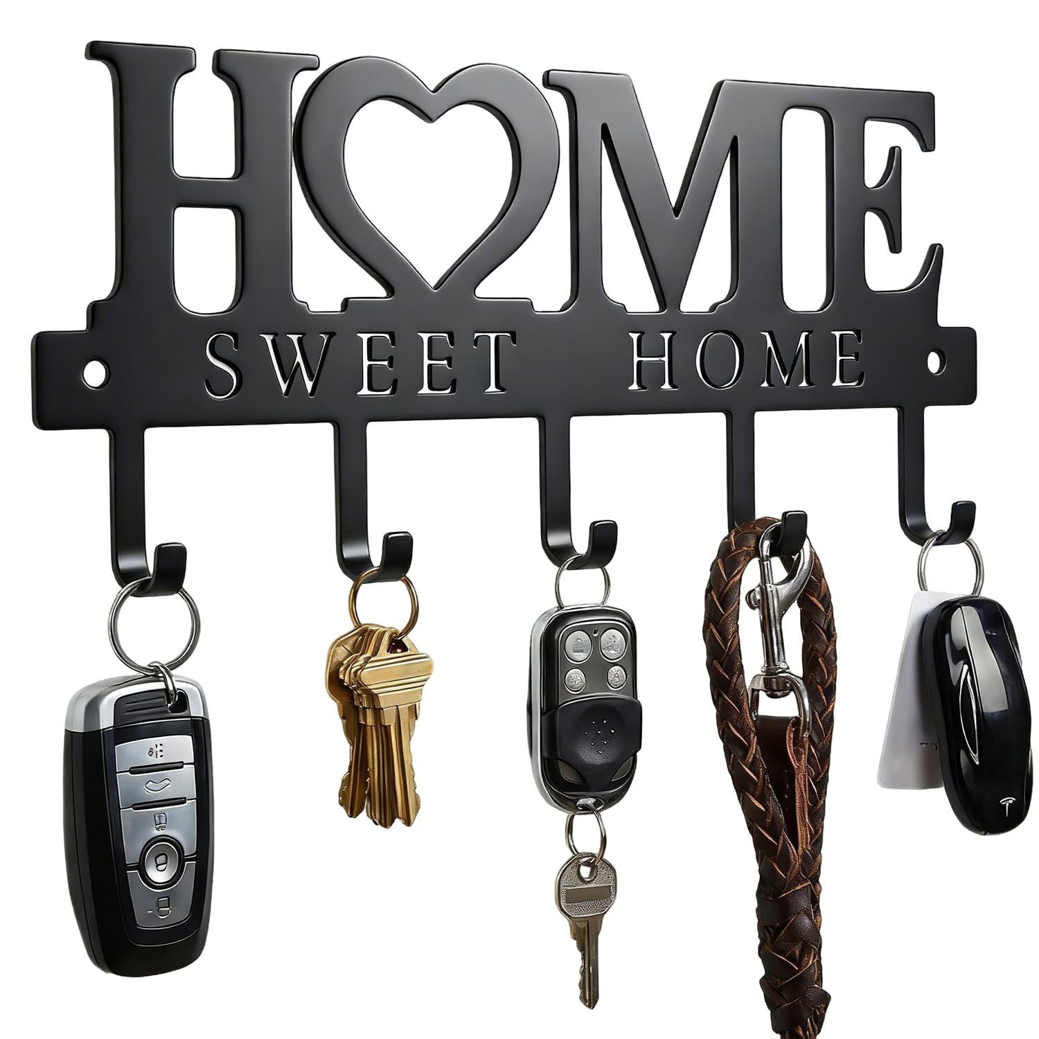 WIPHANY Entryway Wall Key Holder with 5 Hooks, Metal Key Rack Wall Mount for Keys, Bags and Leashes, Decorative Organizer for Entryway, Mudroom or Hallway, Sweet Home Design, 9.8 inches, Black