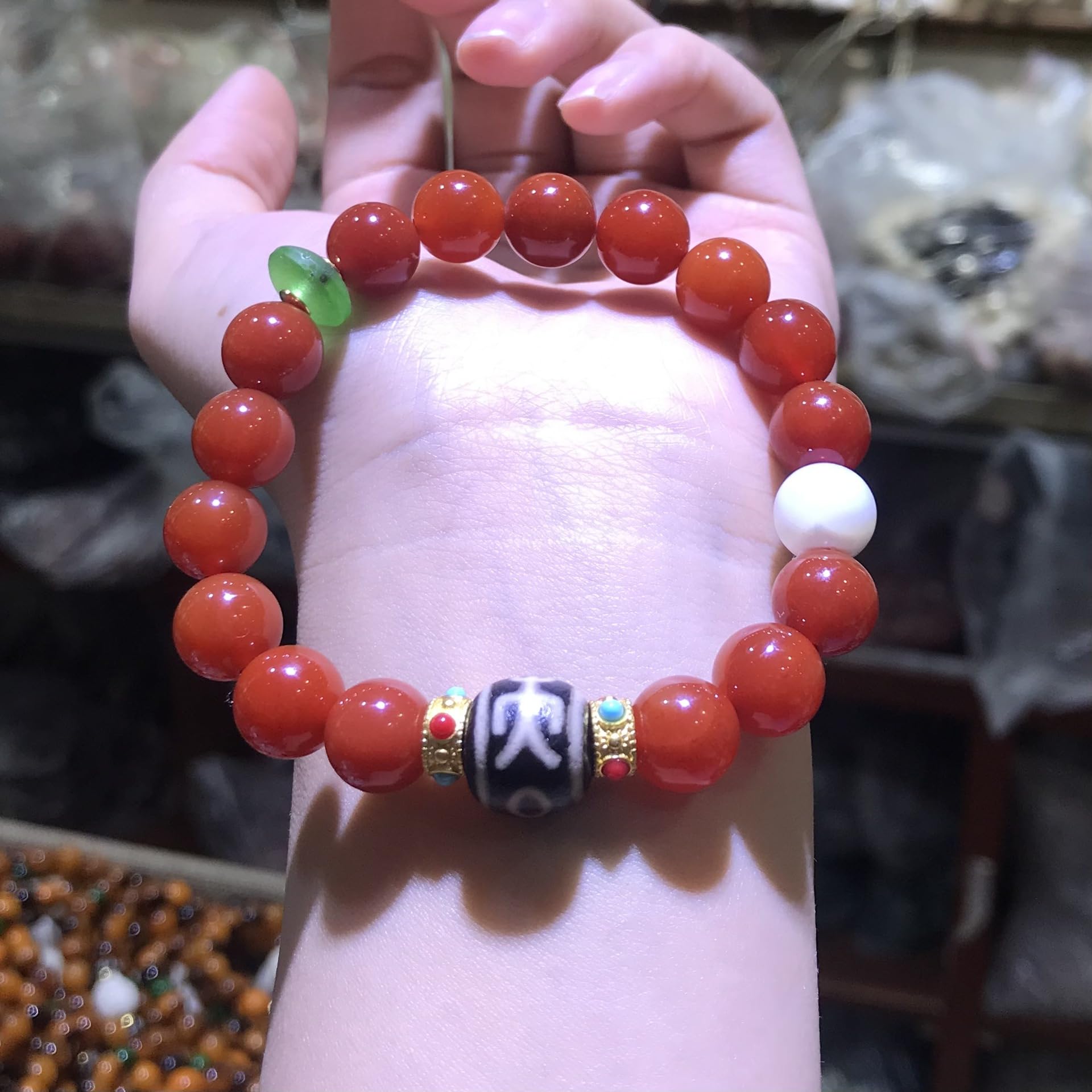 中古 南紅瑪瑙 玉珠ネックレス 数珠状 中国美術 装身具 MN0008 Amazon.com: 珠宝南红玛瑙手串贵人天珠隔珠民族风文玩佛珠手链女饰品