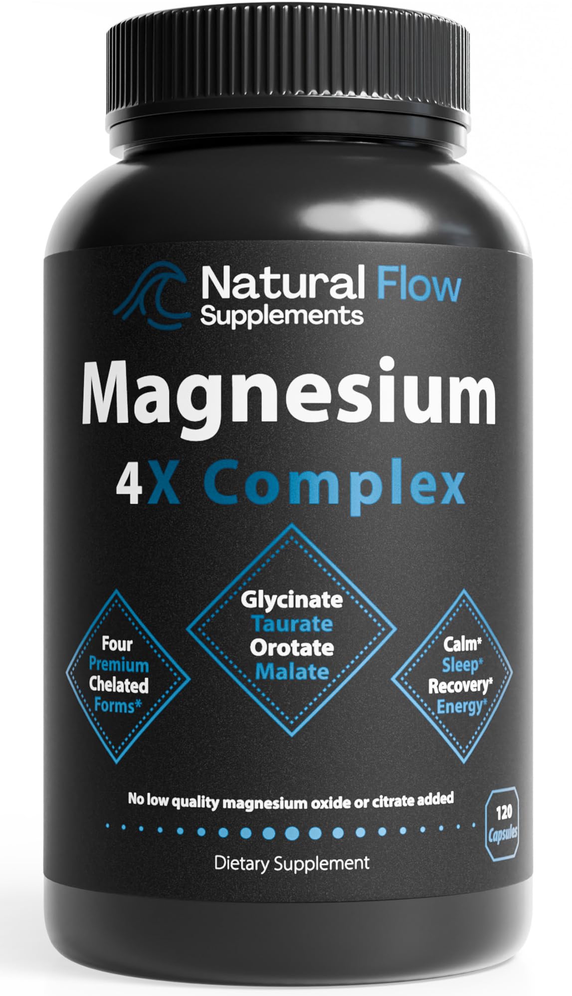 Natural Flow 4X Magnesium Supplement, Magnesium Glycinate, Taurate, Malate, Orotate Complex, Calm Sleep and Cramp Support Blend, No Mag Citrate or Oxide, 120 Capsules