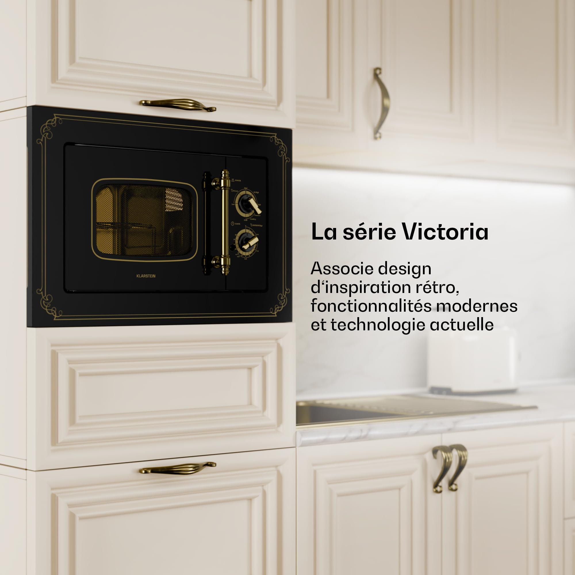 Klarstein Victoria 20 - Micro-ondes Encastrable Design Rétro, 20L, 800W/1000W Gril, 3 Fonctions, Acier Inoxydable, Cadre de Montage, Noir