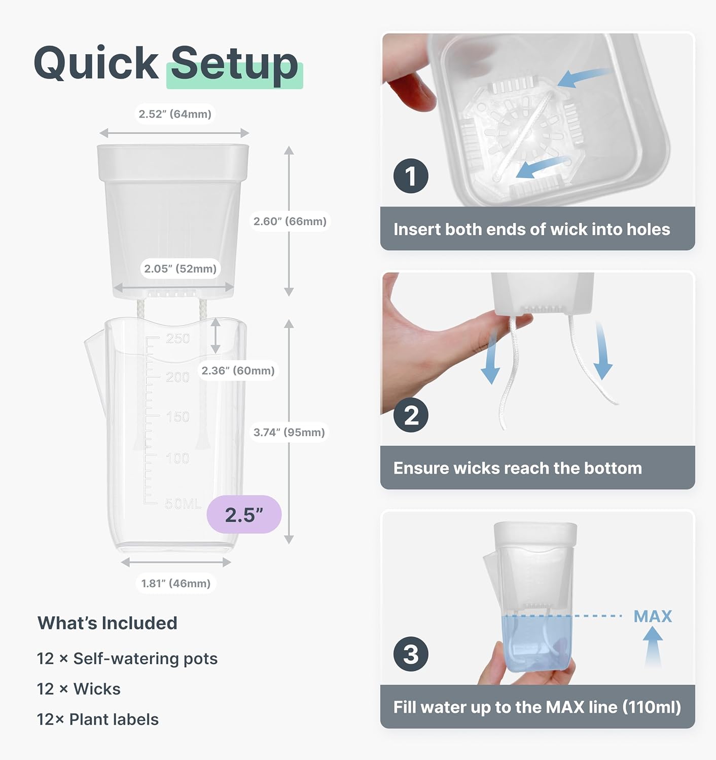 12 Pack 2.5" Small Self Watering Pots for Indoor Plants, Mini Clear Plastic Planters, Semi-Hydro, Propagation, Cuttings, Seedlings, Hoya, African Violets, Alocasia, LECA, PON,12 Plant Label