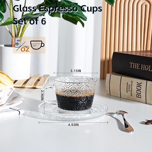 Miniatura 2 de Juego de 6 tazas de cristal para café espresso con platillos, taza demitasse pequeña transparente con cucharas de acero inoxidable, tazas de café