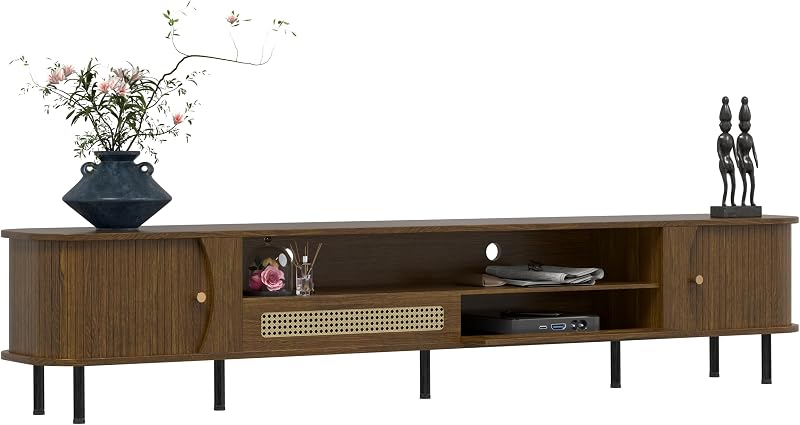 basenji 94" Mid Century Modern TV Stand, Wood TV Consoles with Sliding Doors and Rattan Door, Entertainment Center with Adjustable Shelves, Fluted TV Stands for Living Room,Walnut image 2