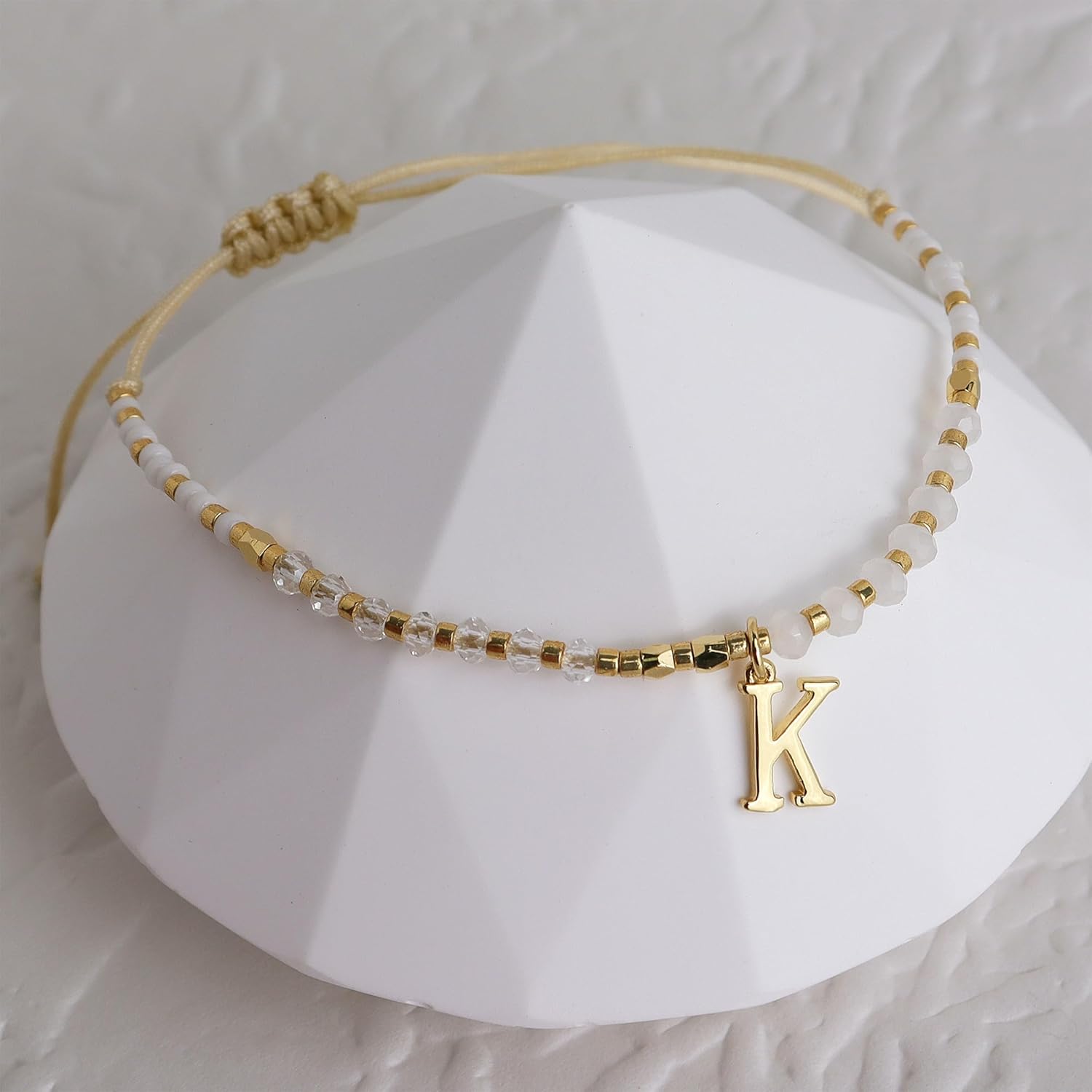 White Gold Beaded Natural Stone Initial Bracelets for Women Teen, Boho Handmade Personalized Gemstone Beads Letter Name Braided Rope Adjustable Bracelet Beach Bohemian Jewelry Gift - Image 5