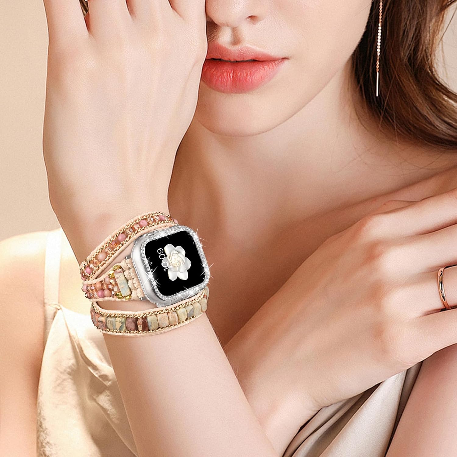 Boho Beaded Bracelets Watch Band Women and Case Compatible with Apple Watch Band 44mm 45mm 41mm 40mm 38mm,Adjustable Stone Wraps Strap for iWatch Series 9 8 7 6 5 4 3 2 1 SE