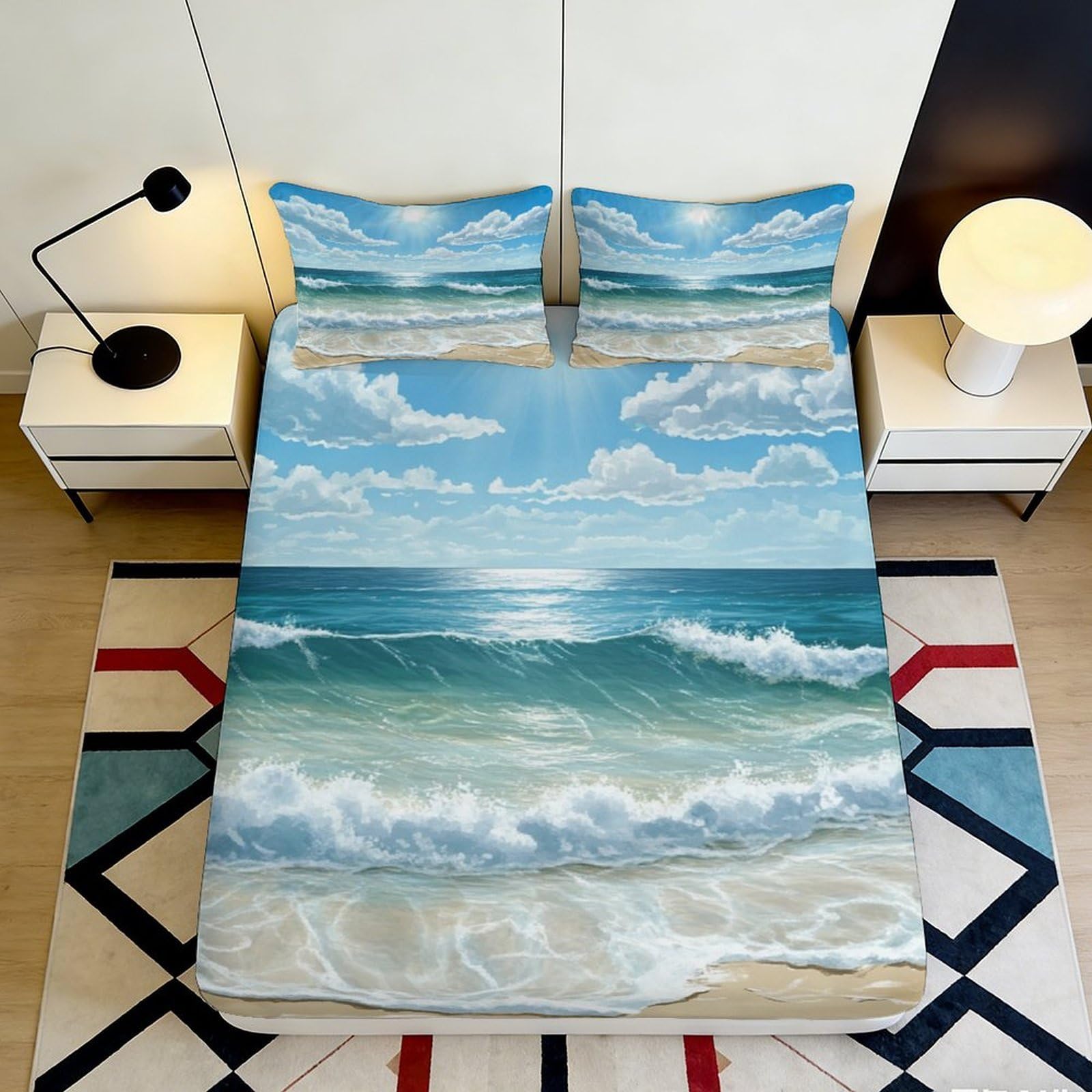 3D Printed Ocean Wave Fitted Sheet Microfiber Soft Breathable Seascape Bed Cover with Beach Pattern for Bedroom Dormitory Guest Room Mattress Protection 120x200x25cm