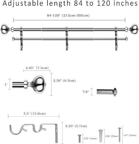 Miniatura 3 de eTeckram Barra de cortina doble de 1 pulgada con remates de urma - 84 a 120 pulgadas, níquel arena