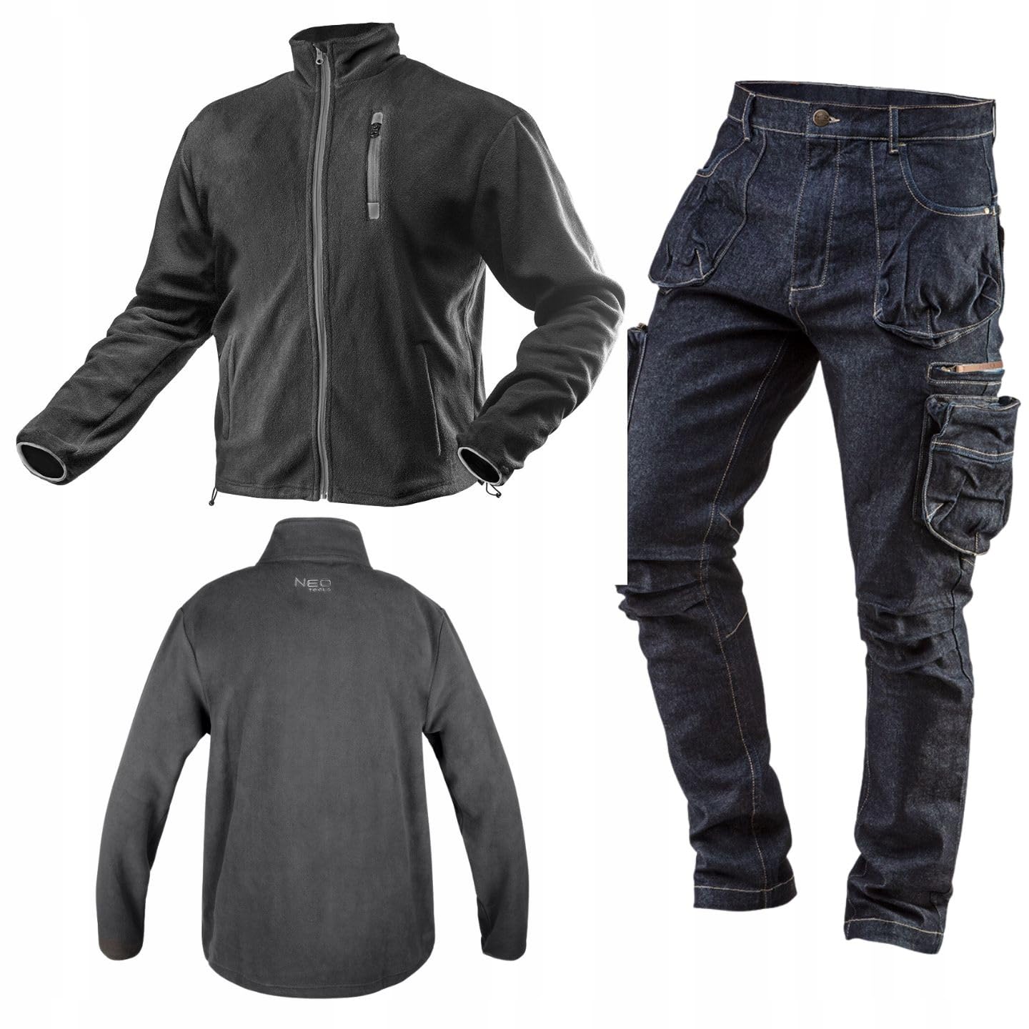 NEO TOOLS Herren Arbeitshose Denim oder Set, lang, 8 Pockets, Gr.XS-3XL, verstärkte Nähte, ausprofilierter Kniebereich, Mischgewebe 98% Baumwolle, 2% Elasthan 410 g/m2 Multifunktionstaschen, Cargo