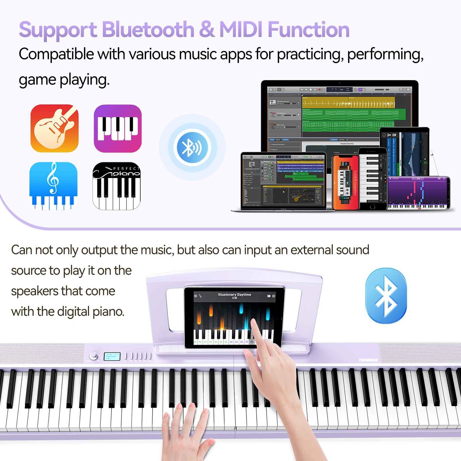 TERENCE Piano Plegable de 88 teclas con batería de 1800mAh 2x5W Altavoces Pedal Piano Bluetooth interfaz MIDI soporte para partituras bolsa adhesiva cable de audio pedal piano púrpura