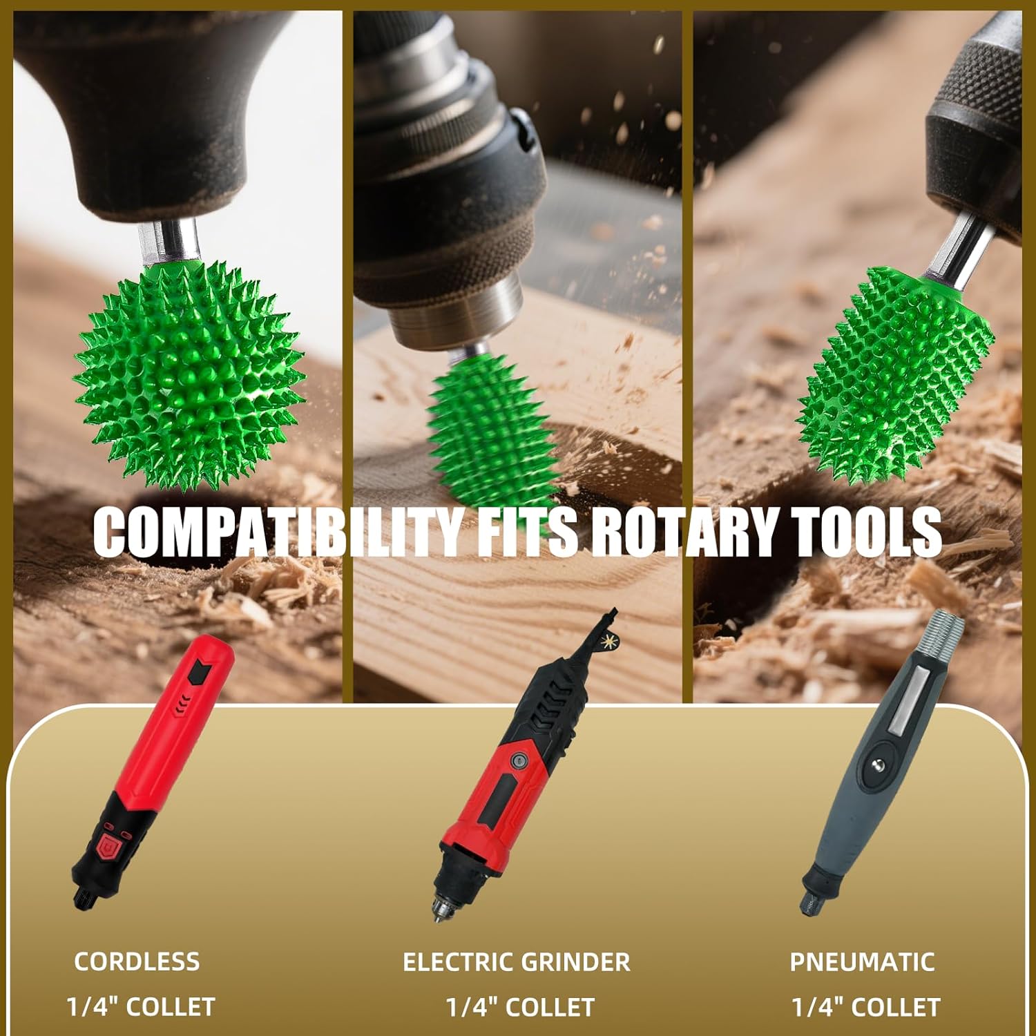 CAELUM 3 Pcs Tungsten Carbide Rotary Burr Kit, 1/4" Shaft Extreme Coarse Woodworking Attachment for Graining Tools, Sphere, Flame, Ball Nose Carving Bit for Wood, Rubber Engraving & Removal