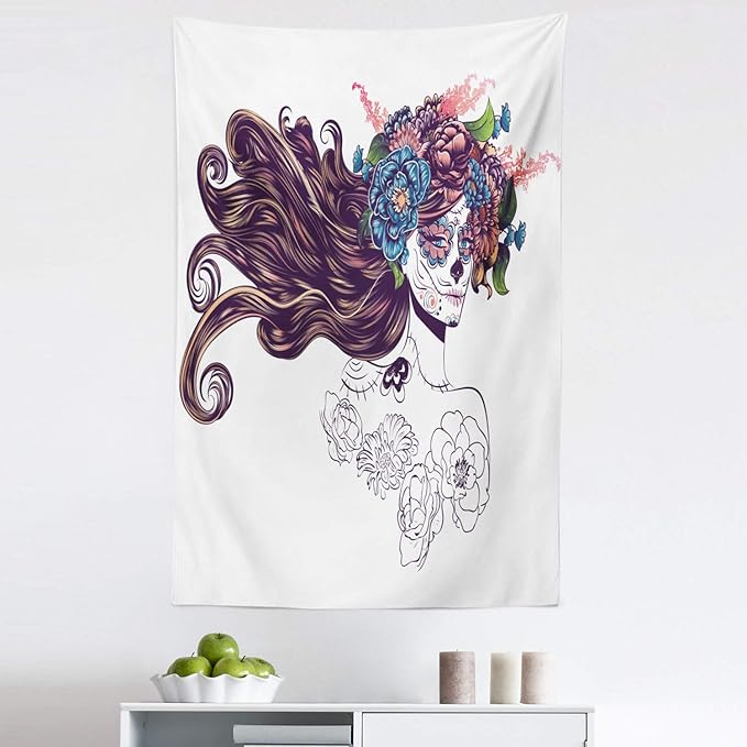 Lunarable Ethnic Tapestry, Traditional Sugar Skull Girl with Flower Wreath Mourning Festival Day, Fabric Wall Hanging Decor for Bedroom Living Room Dorm, 30