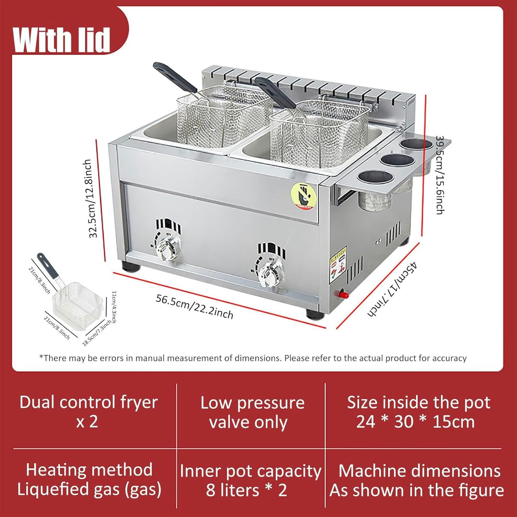 Freidora de Gas Comercial, freidora de Cocina de Doble Tanque de encimera de 8L X 2 con 2 cestas y Tapas, freidora de Grasa de Cocina de Acero Inoxidable para Restaurante, supermercado~/