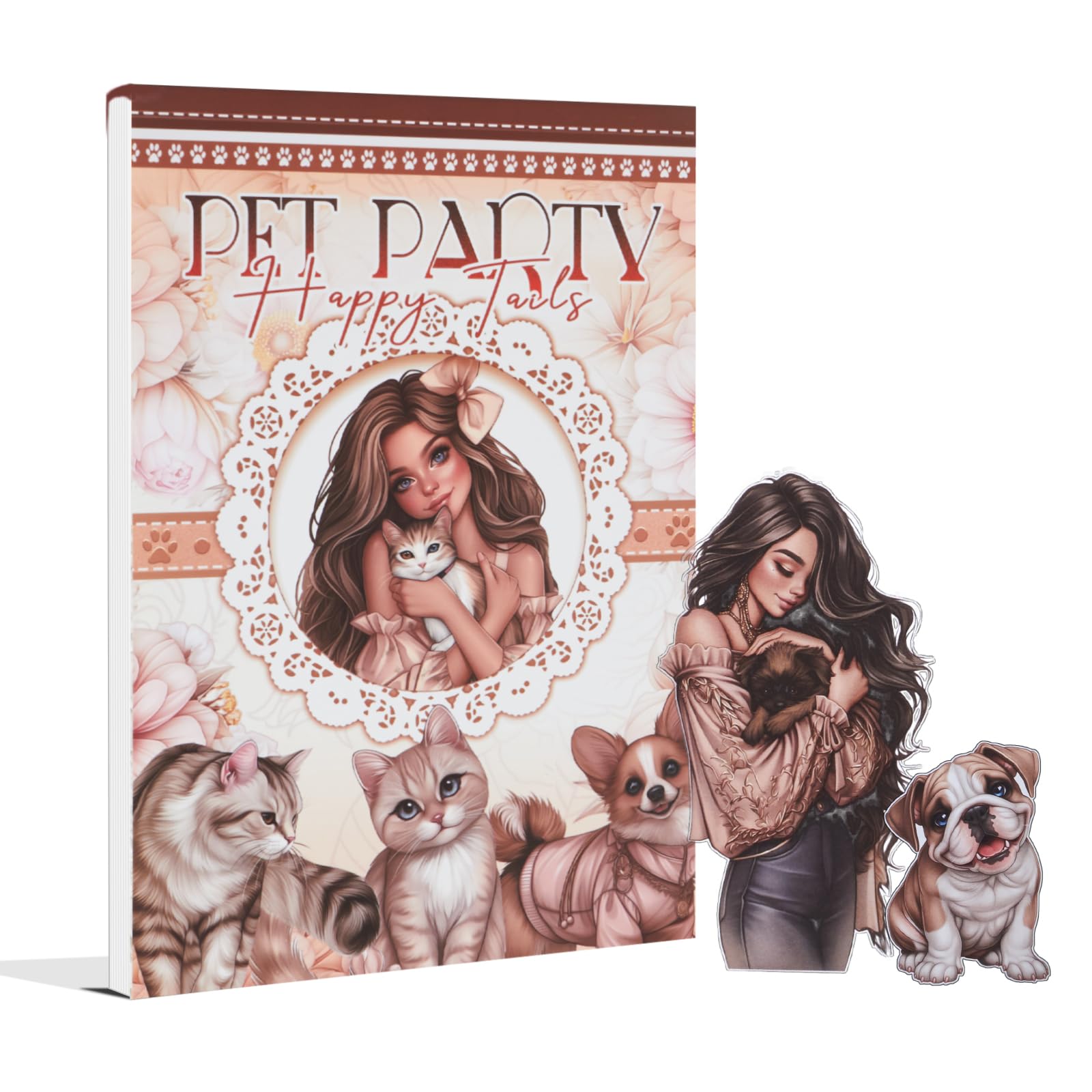 Dwpetzo Lady and Pet Journaling Sticker Book, 20 Sheets Pe-Cut PET, Washi, and Craft Paper Stickers for Junk Journal Supplies, Cozy Life Collage Materials for Adults, Scrapbooking