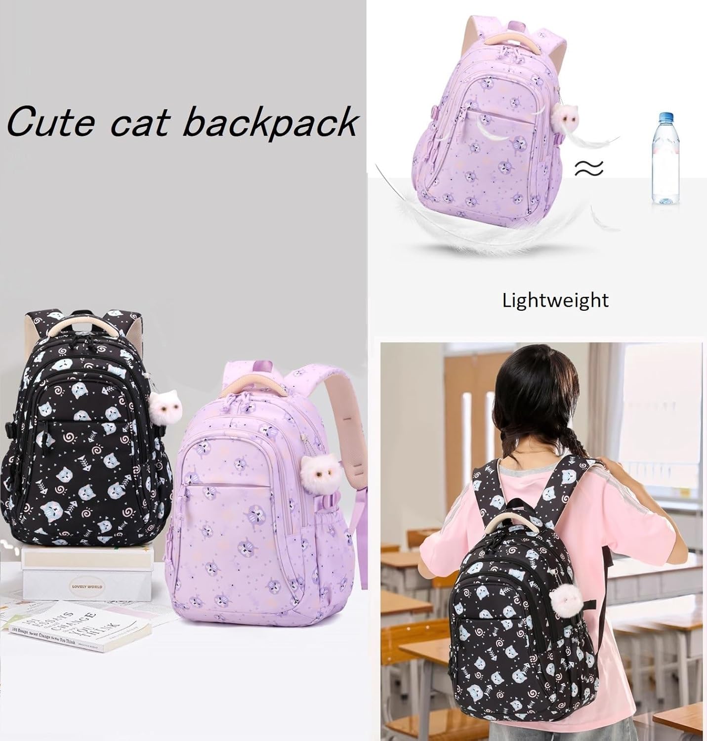 Purple Cat Kids Backpack Set for Girls with Lunch Bag Kitty Bookbag for Kindergarten Elementary School Pre School Bag - Image 7