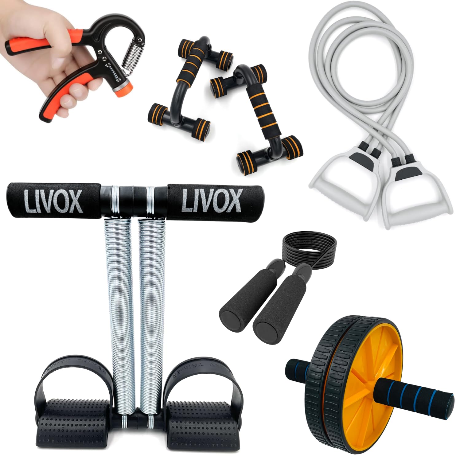 Livox Gym Exercise Equipment Home Workout Combo Set for Men and Women (Tummy Trimmer, Hand Gripper, Skipping Rope, Pushup Stand, Dual Wheel Roller, Toning Resistance Band) – Pack of 6-picture-32