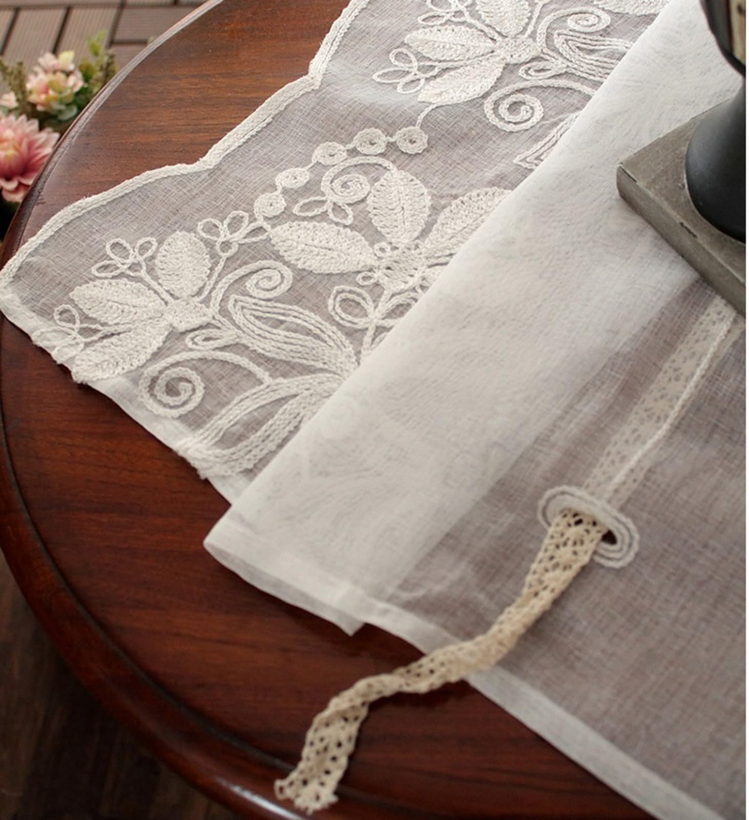A.Monamour Raffrollo mit Schlaufen Raffgardinen Bindegardine Schlaufenrollo Weißer Transparenter Bestickter Voile Floraler Spitze Küche Gardine Vorhang Store, Rod Tasche/Pinch Pleat, 2 Stücke