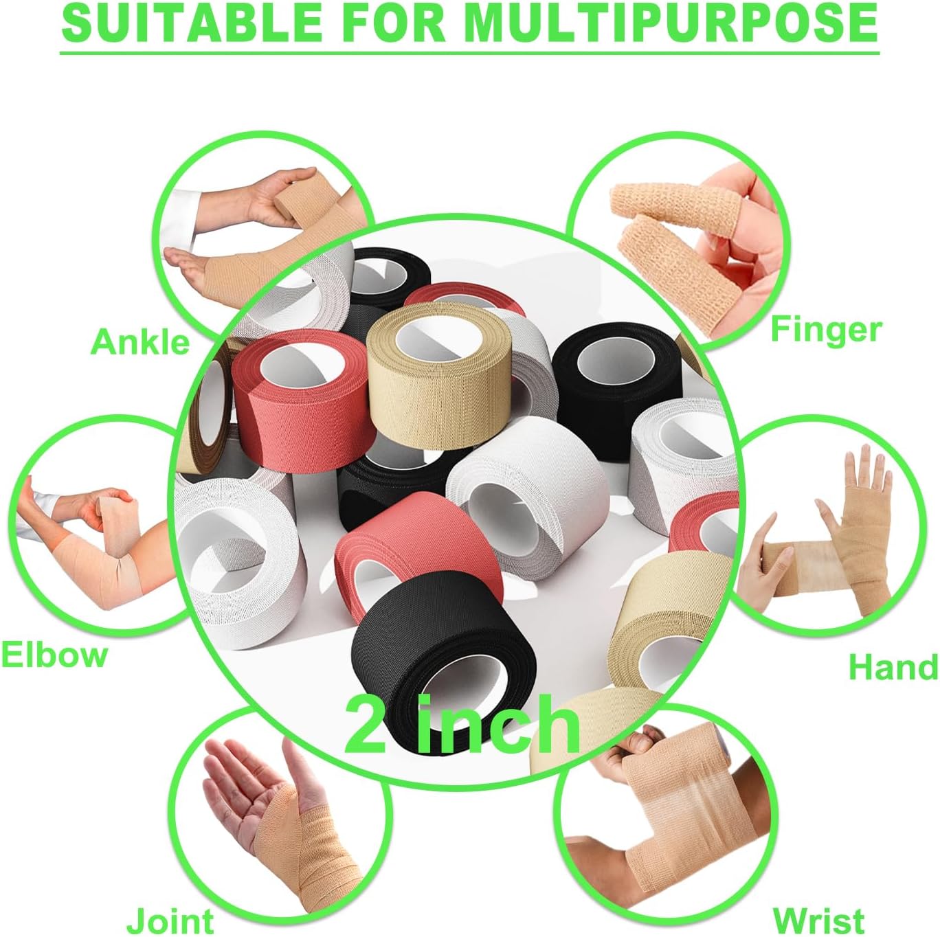 24 Packs Self Adhesive Bandage Wrap, Athletic Elastic Cohesive Bandage for Sports Injury, Strain, Knee & Wrist, Ankle Sprains & Swelling First Aid (Multi-Color, 2Inch x 5Yards)