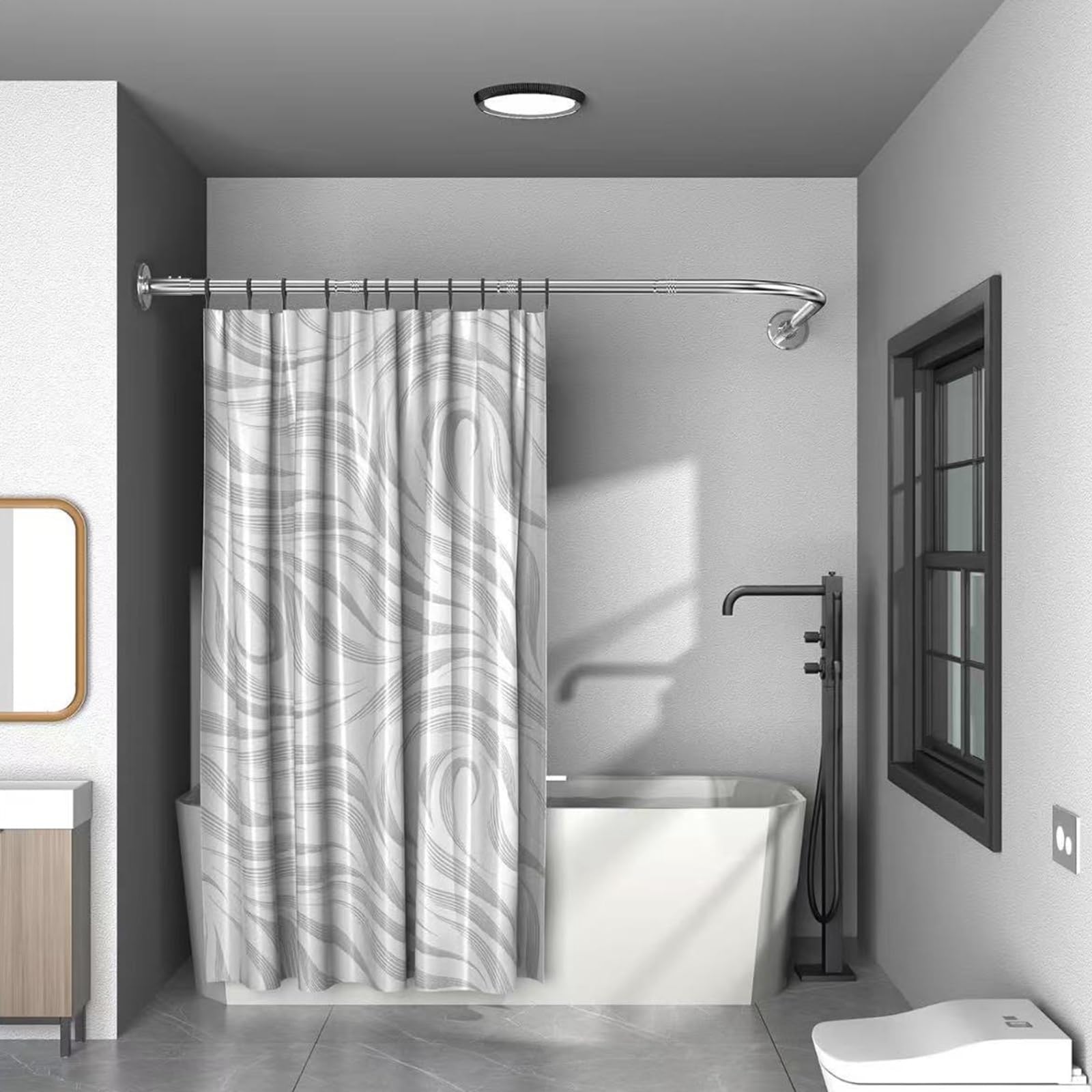 Barra de cortina de ducha extensible curvada de acero inoxidable, sin perforaciones, ajustable, 150-180 cm, diseño antihundimiento, fácil instalación, accesorio de baño moderno