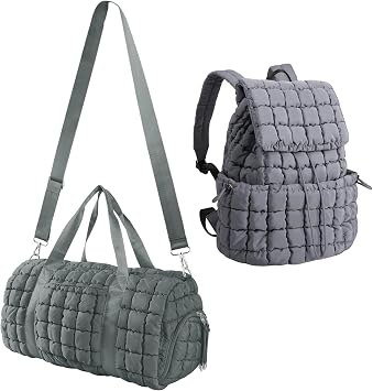 Quilted Travel Duffle Bag Gym Bag&Quilted Backpack Purse for Women,Large Puffer Duffle Weekender Bag Lightweight Puffer Puffy College Laptop Backpack with Compartment for Travel Gym AirplaneGrey