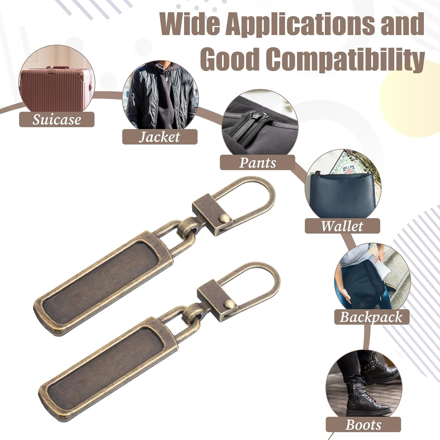6 PCS Bronze Color Zipper Pulls, Metal Zipper Pull Replacement, Vintage Detachable Zipper Repair Tool for Jacket, Bag, Boots, Purse, Coat, Pants, Jeans, Luggage