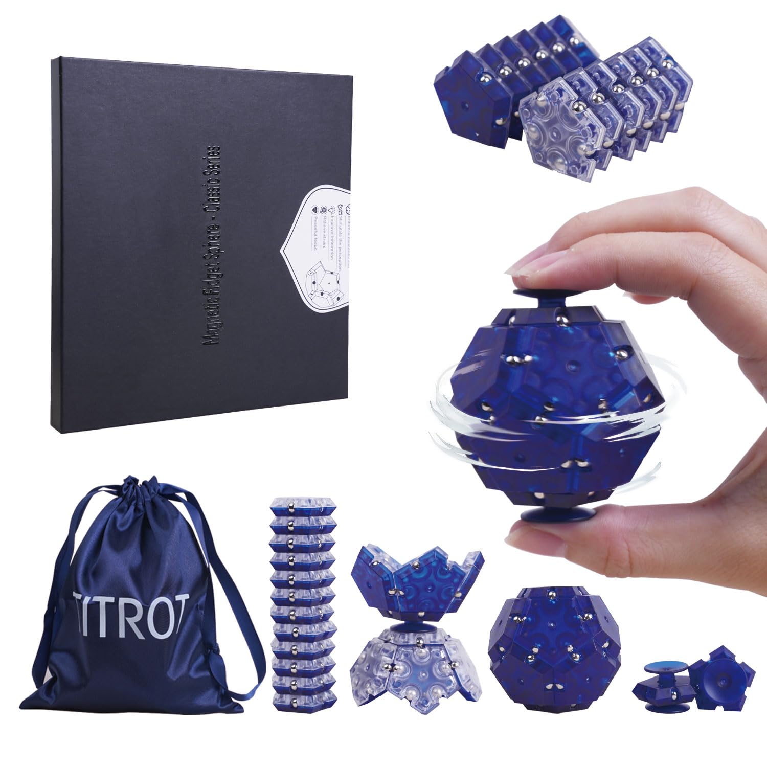 Magnetic Fidget Toy for Adults, New Upgraded 14-Piece Set Magnet Fidget Sphere - with 2 Spinners, Pentagons Magnetic Sensory Desk Toy for Stress Relief & Anxiety, Gifts Idea for Adults Blue