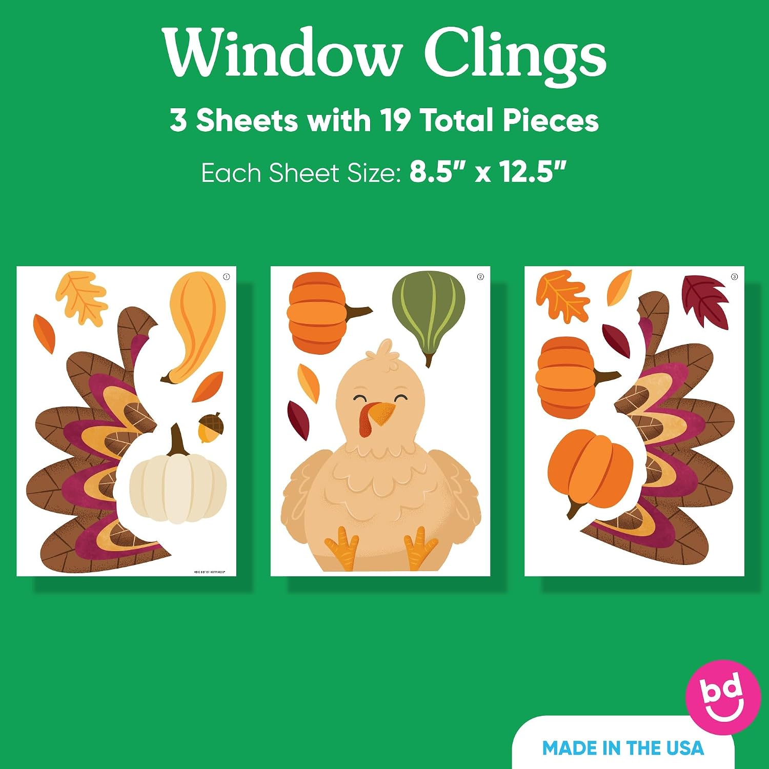 Big Dot of Happiness Thanksgiving Turkey Window Clings, Reusable Friendsgiving Holiday Window Sticker Decorations, Turkey, Pumpkins, Fall Leaves Decals, Fall Harvest Static Clings image 3