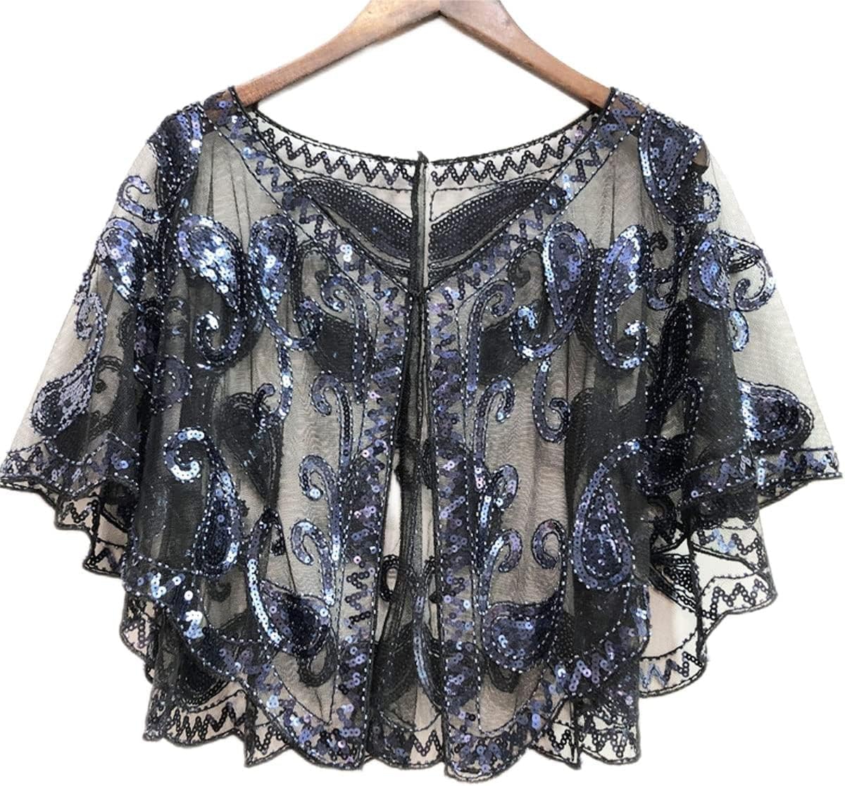 Specell 1920s Shawl Wraps Wedding Bridal Wrap Sequin Beaded Shawl For Evening Dresses Wedding Gatsby Party Harlem Night. Black Navy Blue