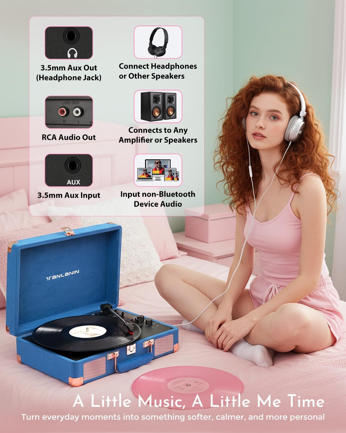 Green Velvet Suitcase Vinyl Record Player with Built-in Speakers, Bluetooth Input, Bass & Treble Control, 3-Speed Belt-Drive Turntable with Auto Stop, AUX in, RCA Out, Headphone Jack