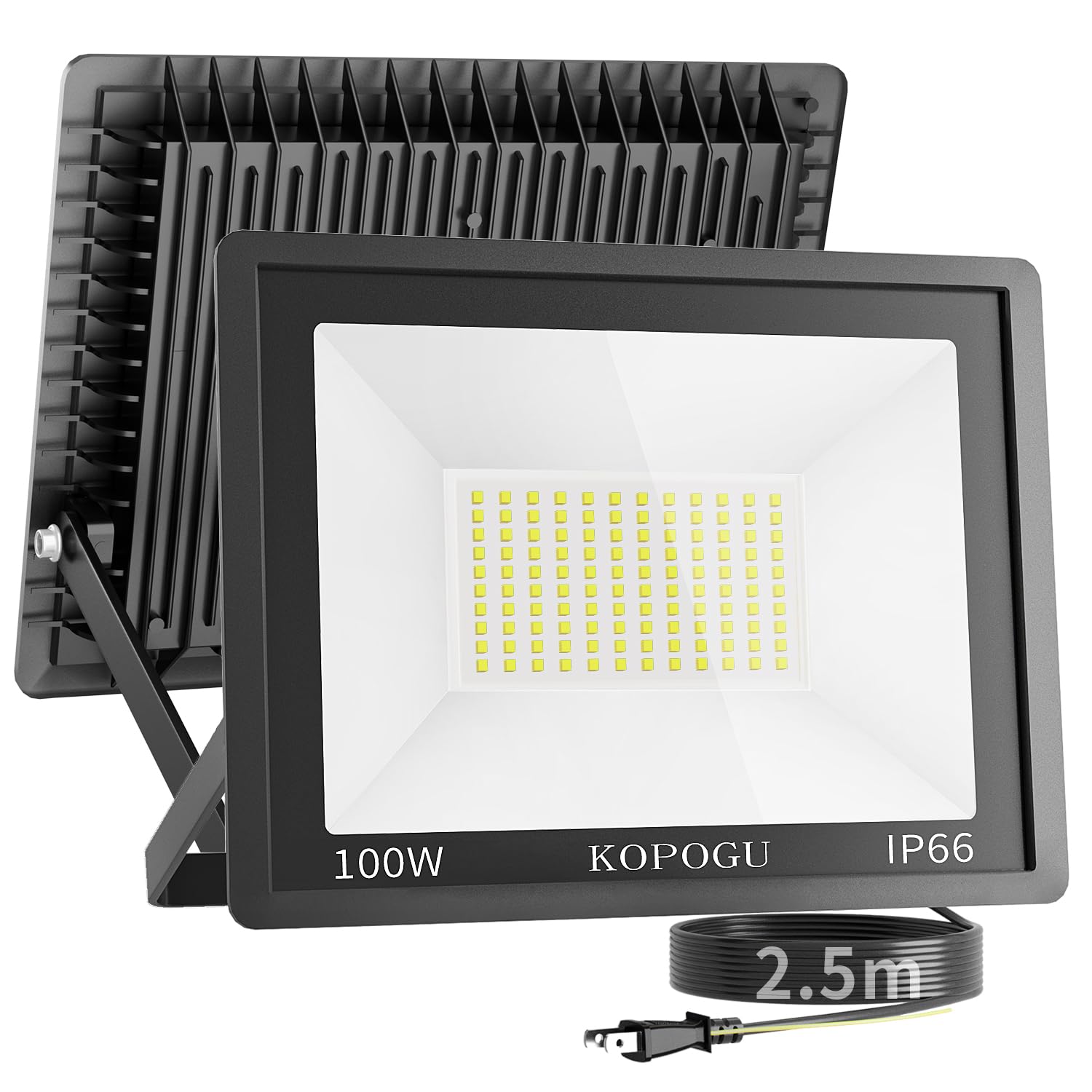 KOPOGU LED 投光器 【100Ｗ超高輝度・2.5ｍコード・超薄型】アルミ製 屋外 ライト 角度自由調整 10000LM 昼光色 6500K 豪雨対応 IP66防水 省エネ 屋外 バーベキュー ガレージ カーポート 夜間工事 玄関 照明 ライト 一年保証付き 日本語取扱説明書付き PSE認証済み