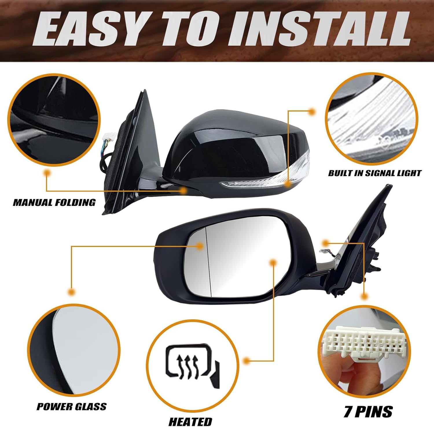 Driver Side Mirror Assembly Compatible with 2014-2021 Infiniti Q50 Heated Turn Signal Power Glass Manual Folding Indicator 7 Pins Replace IN1321129 963014HB0A