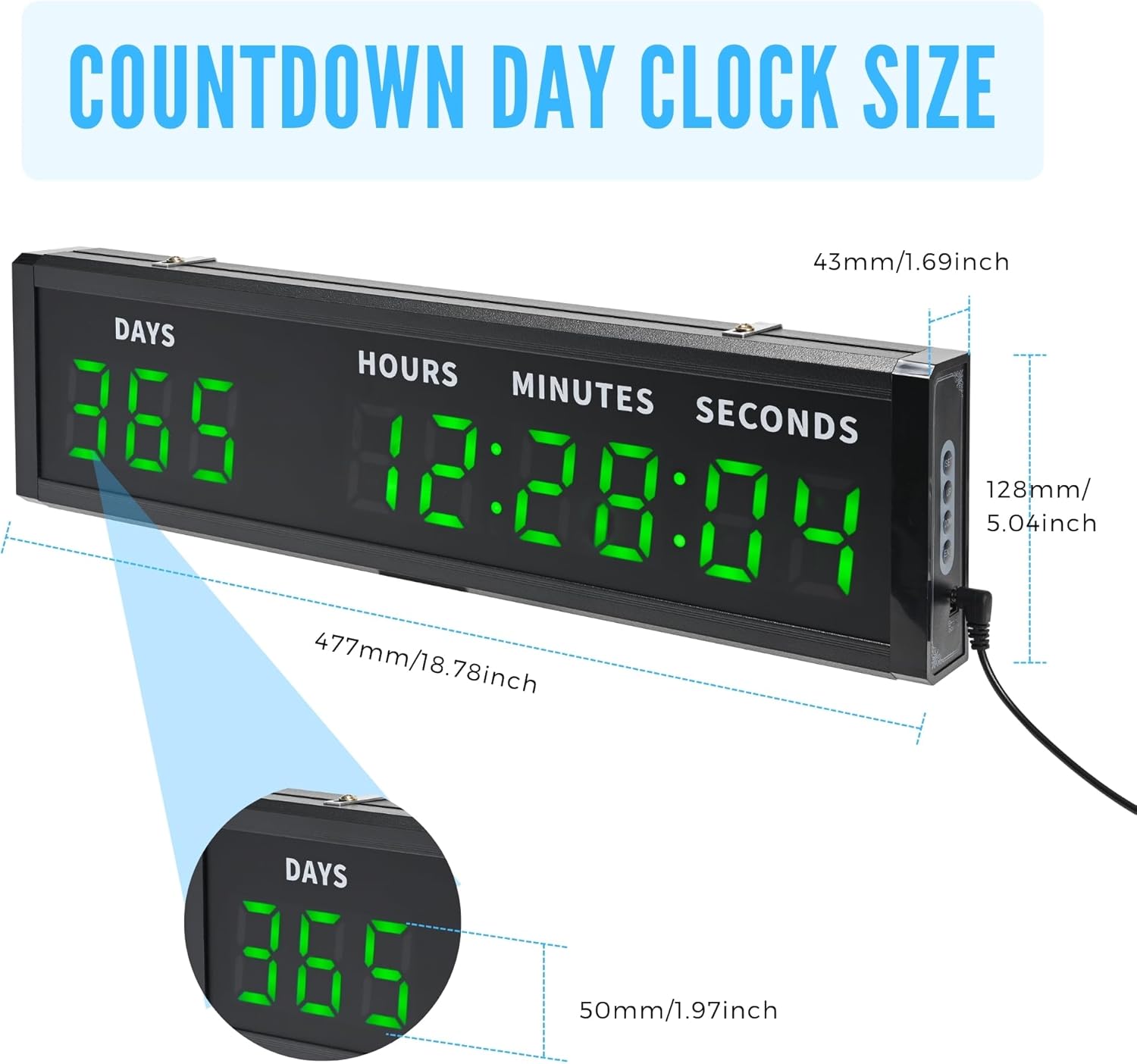 Large Digital Countdown Clock & Calendar, 999 Days LED Retirement Countdown Clock Timer with Remote & Alarm, Wall/Desk Count Down/Up Timer Clock for Gym Christmas Vacation School Days,17.87in*5.04in