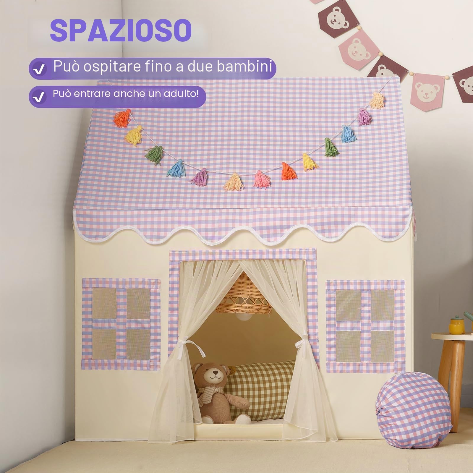 Wilwolfer Tenda da Gioco con Tappetino Morbido: Casa Giardino per Bambini - Tenda da Esterno e Interno - Casa con Ghirlande di Nappe per Piccoli - 67.5 D× 97 W × 107.5 H cm