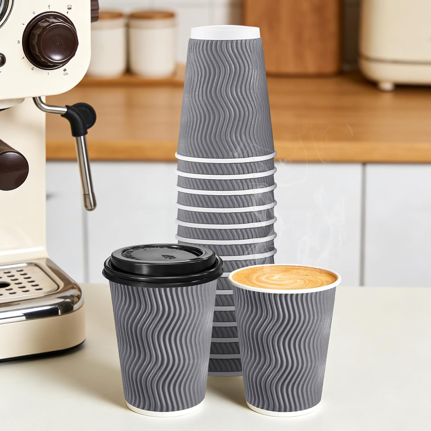 500 Pack 12 oz Coffee Cups with Lids, Disposable Insulated Hot Cups To Go Paper Coffee Cups, Corrugated Ripple Wall Cup for Hot Drink, Office, Coffee Bar (Grey 12 oz)