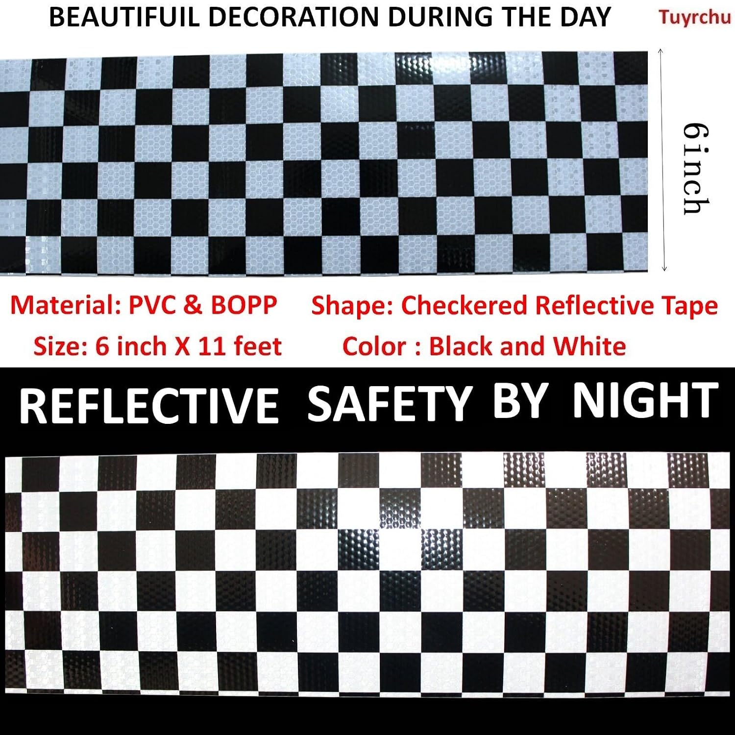 Black White Reflective Tape 6 inch Wide, Outdoor Waterproof Hazard Conspicuity Warning Industrial Marking Tape (11 feet)