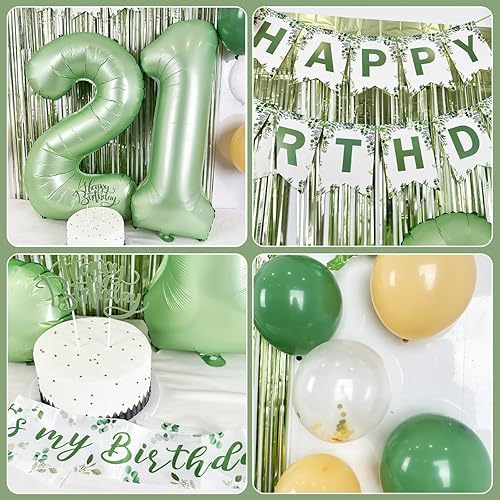 Miniatura 4 de Decoraciones de cumpleaños 21 para ella, decoraciones de fiesta de cumpleaños verde salvia 21 - Cartel de feliz cumpleaños número 21, kit de globos