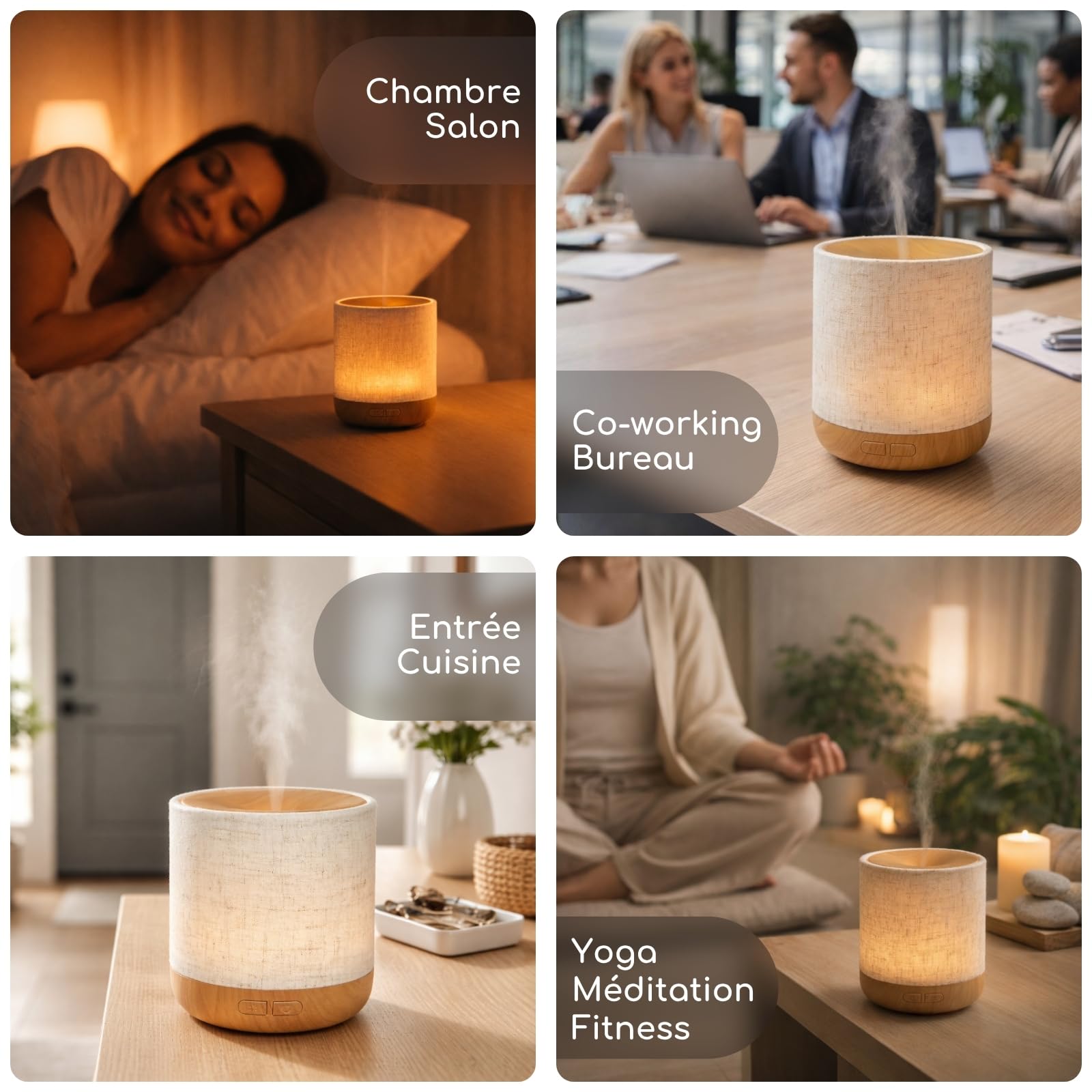 Zen’Arôme Diffuseur Ultrasonique Alesia – Diffusion Huile Essentielle à Froid Aromathérapie – Design Original, Coque en Toile de Lin et Revêtement Couleur Bois – Diffusion + Éclairage Personnalisables