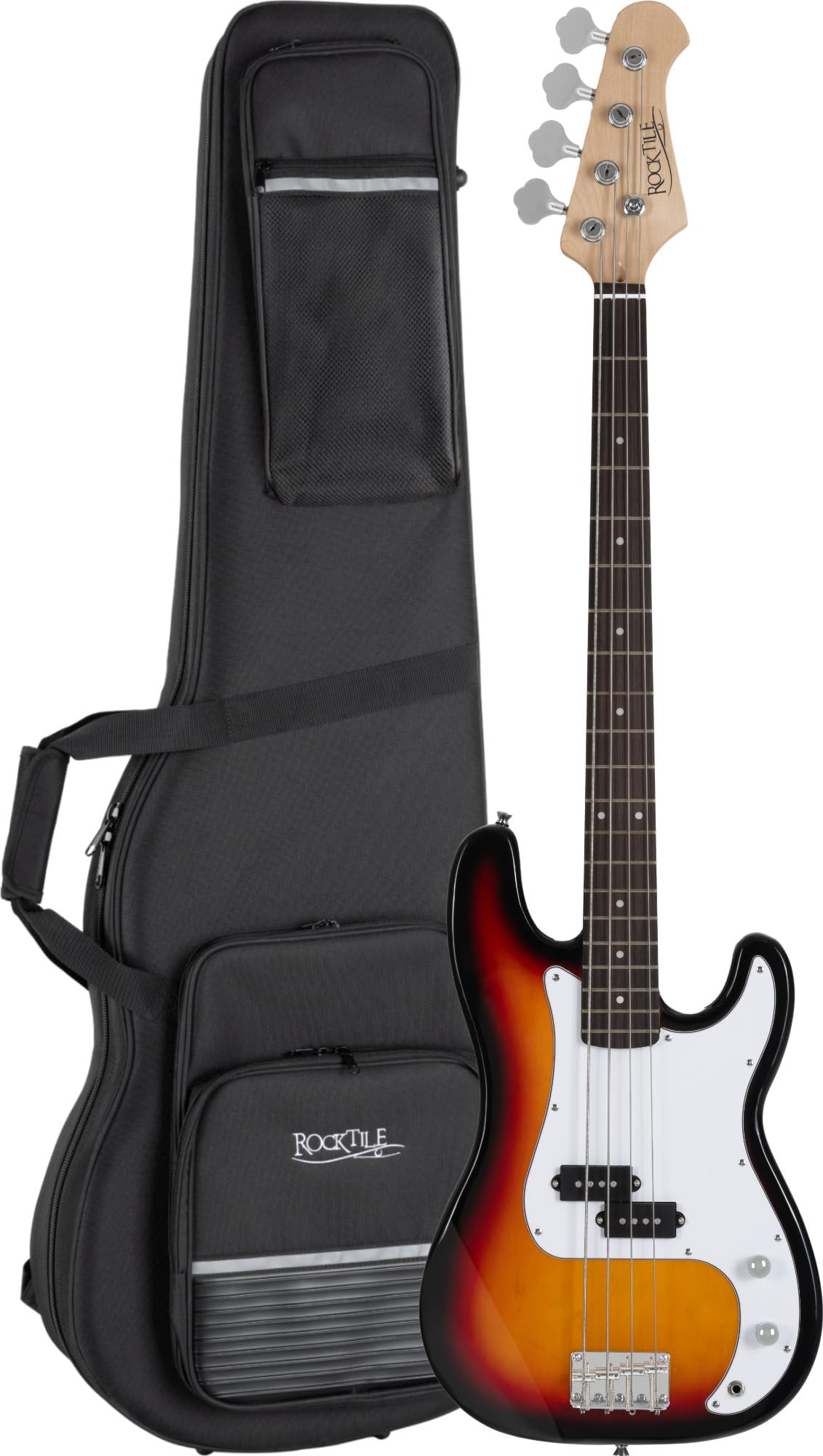 Rocktile Puncher E-Bass Sunburst Set incl. Custodia Leggera, Basso | Modello: Puncher Sunburst, Peso: 4, 0 kg, Numero di corde: 4, Orientamento: destrorso, Forma corpo: P-Bass, Corpo: mogano