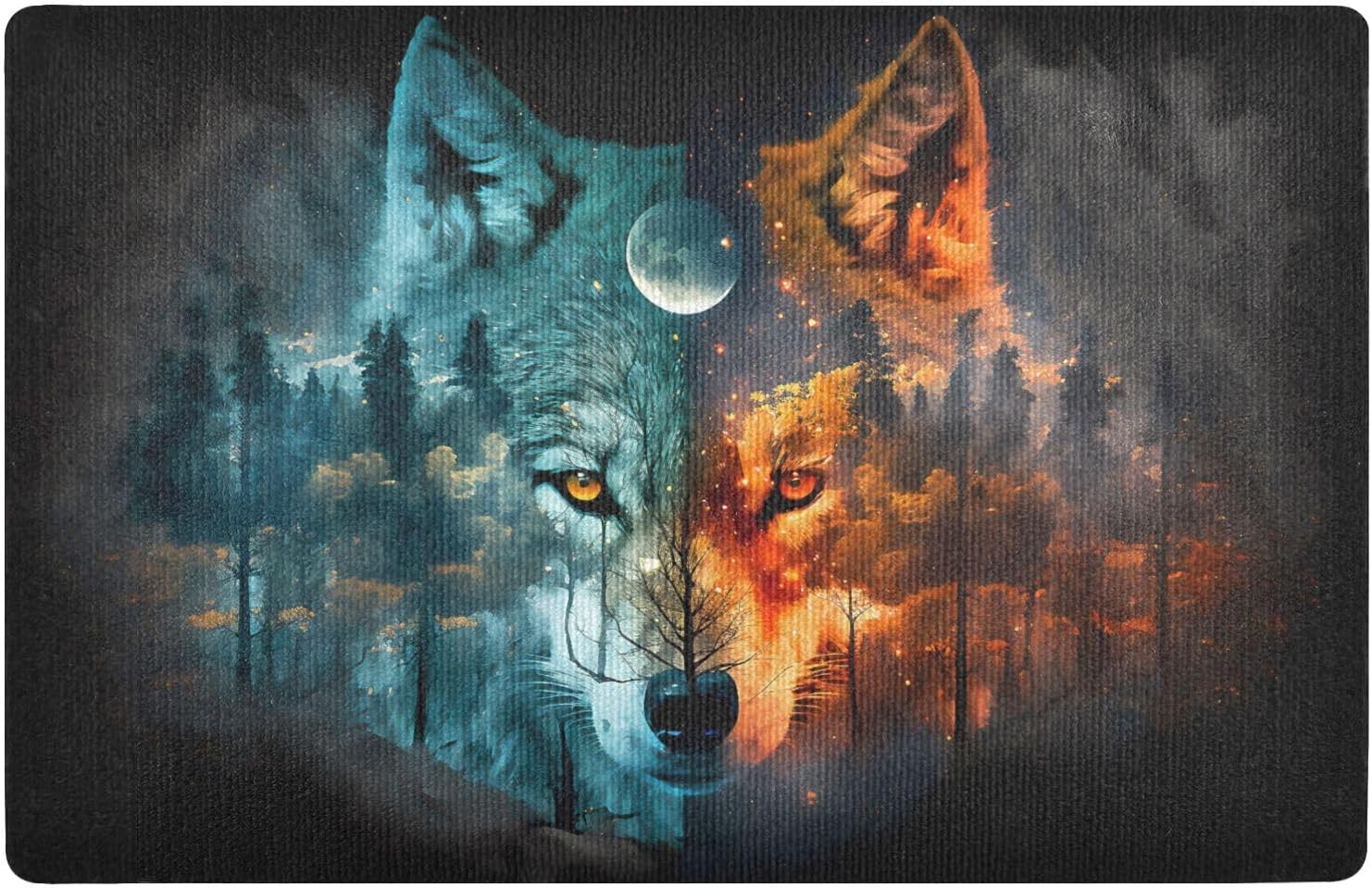 Front Door Mat Wolf Forest Night Print, 32x20 in Indoor Outdoor Welcome Mats Doormat for Entrance Patio Porch Entryway Water Absorbent Low Profile Anti Slip