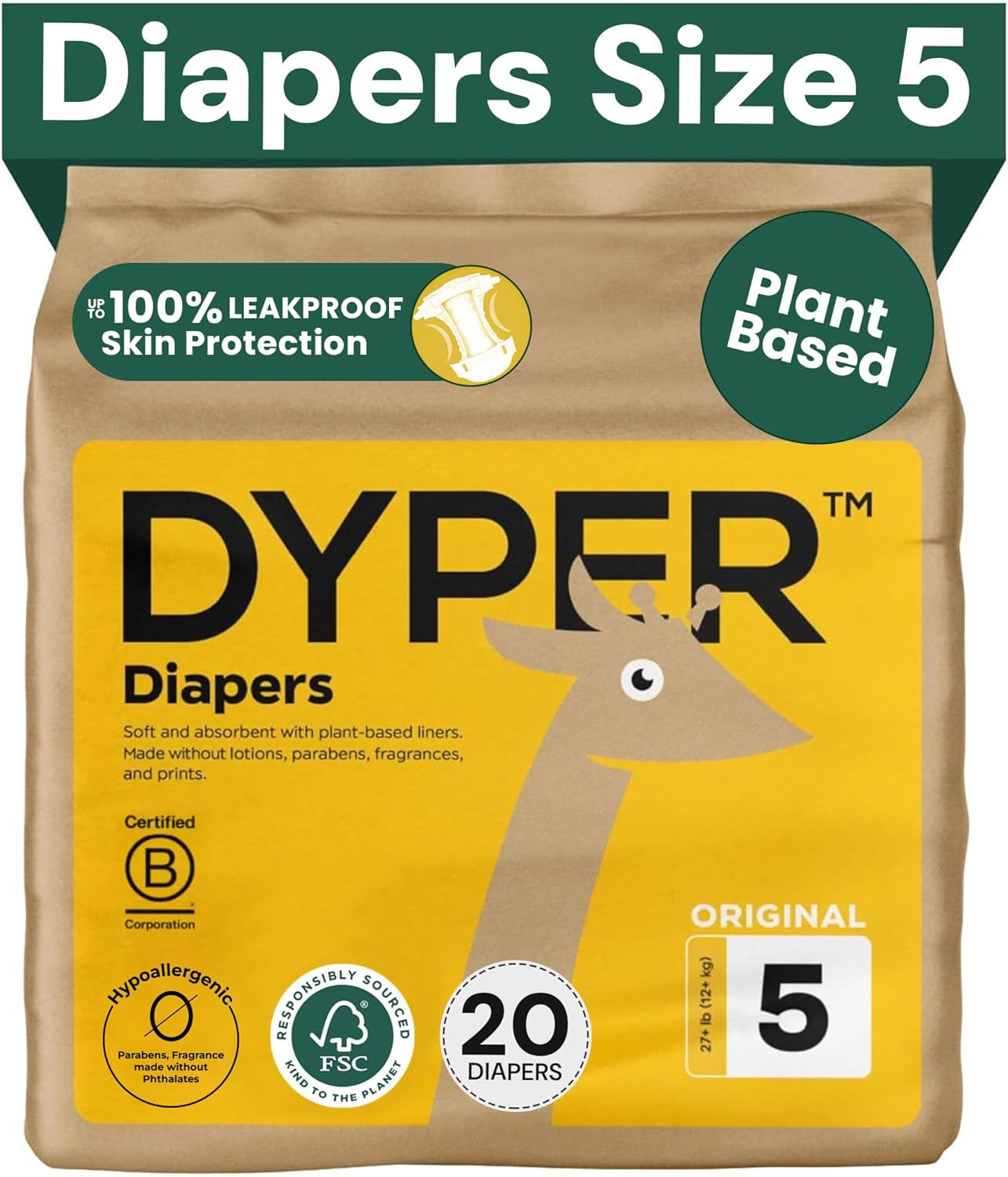 dyper baby diapers size 5 (20 count) – plant-based, hypoallergenic, fragrance-free & ultra absorbent disposable diapers for day and overnight skin protection, single pack size 5 diapers size 5 ( 20 diapers)