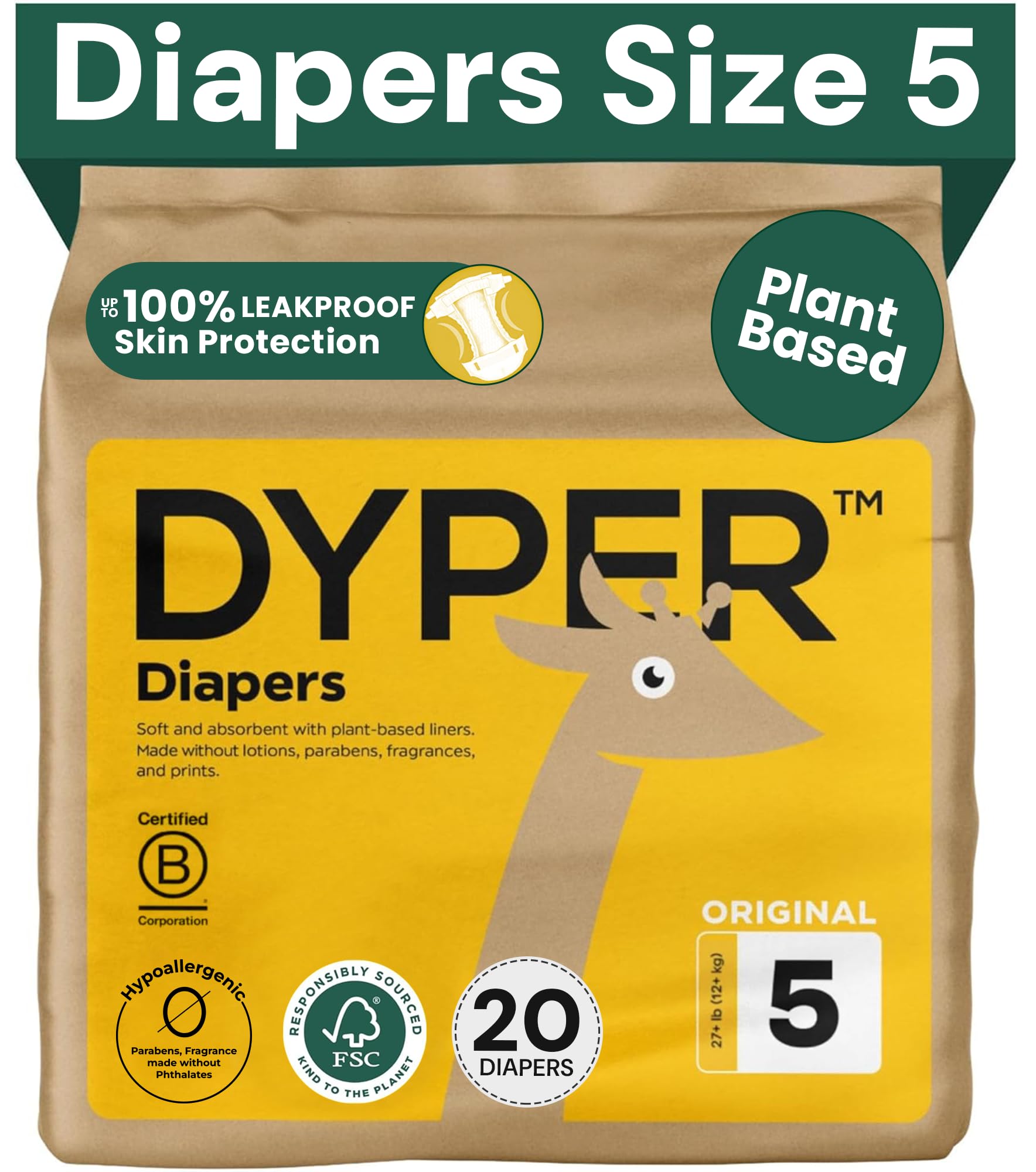DYPER - Baby DiapersSize 5 (20 Count) - Plant Based Disposable Diapers for Day and Overnight Premium Leak Protection, Skin-Friendly Comfort with SoftSize 5 Diapers (>27 lb)