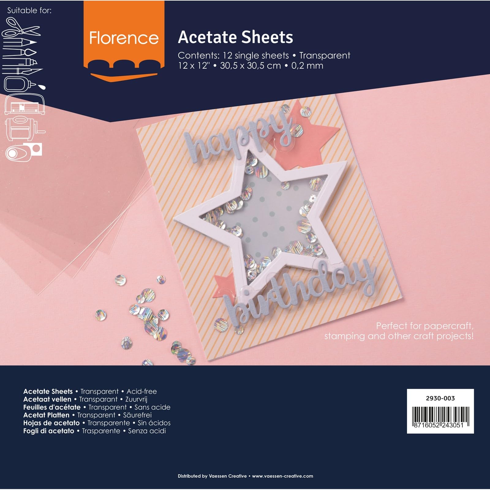 Vaessen Creative Florence Acetat Platten - Quadratisch Kraftpapier - 30,5 x 30,5 cm - Transparent - 10 Stück - für Scrapbook, Karten und Basteln - Hitzebeständig