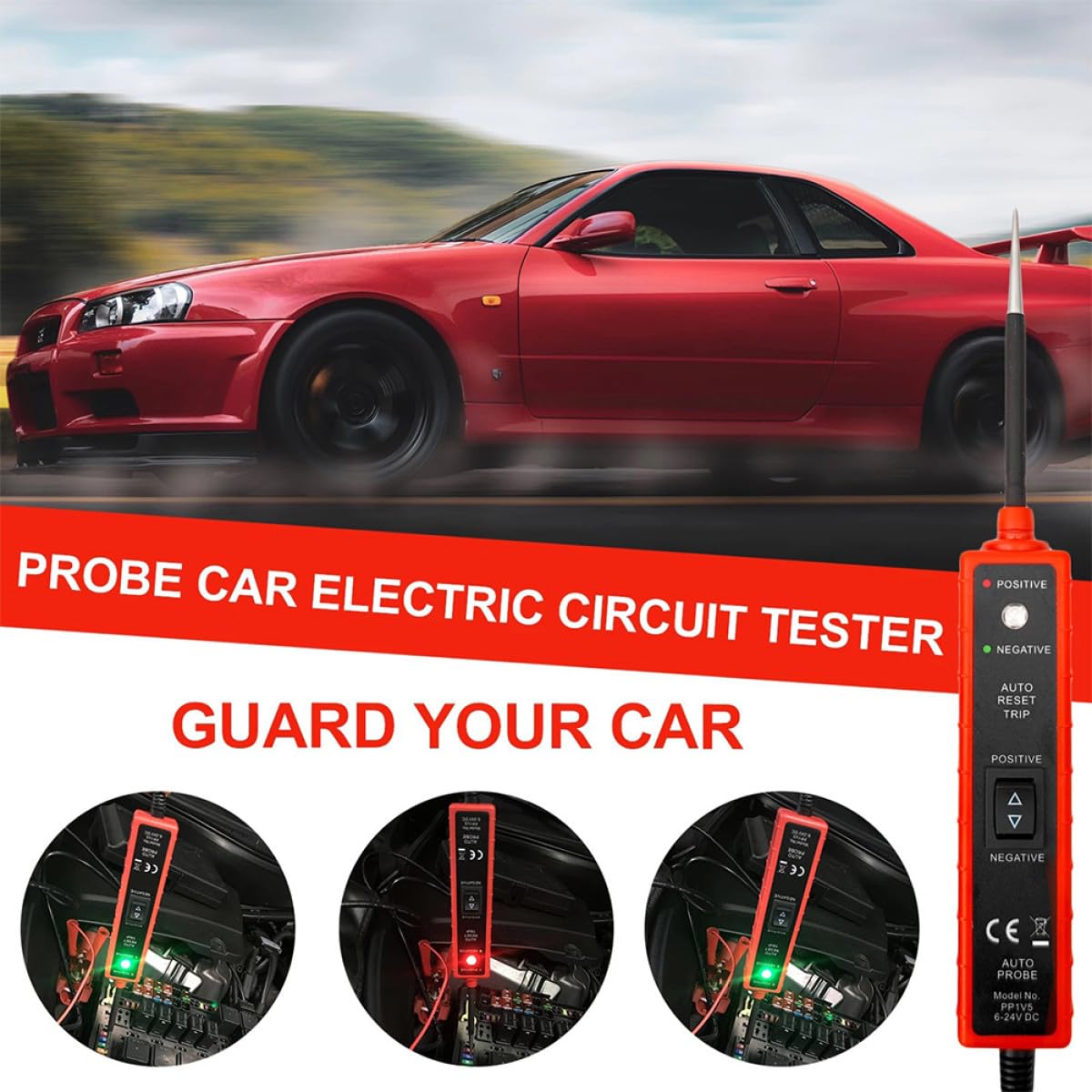 Tester Circuito Auto 6-24v Dc, Cavo 16ft, Diagnosi Conducibilità | Clip Positive e Negative, Abs Rosso Nero, Manutenzione Veicoli ed Elettrico, Protezione 8a