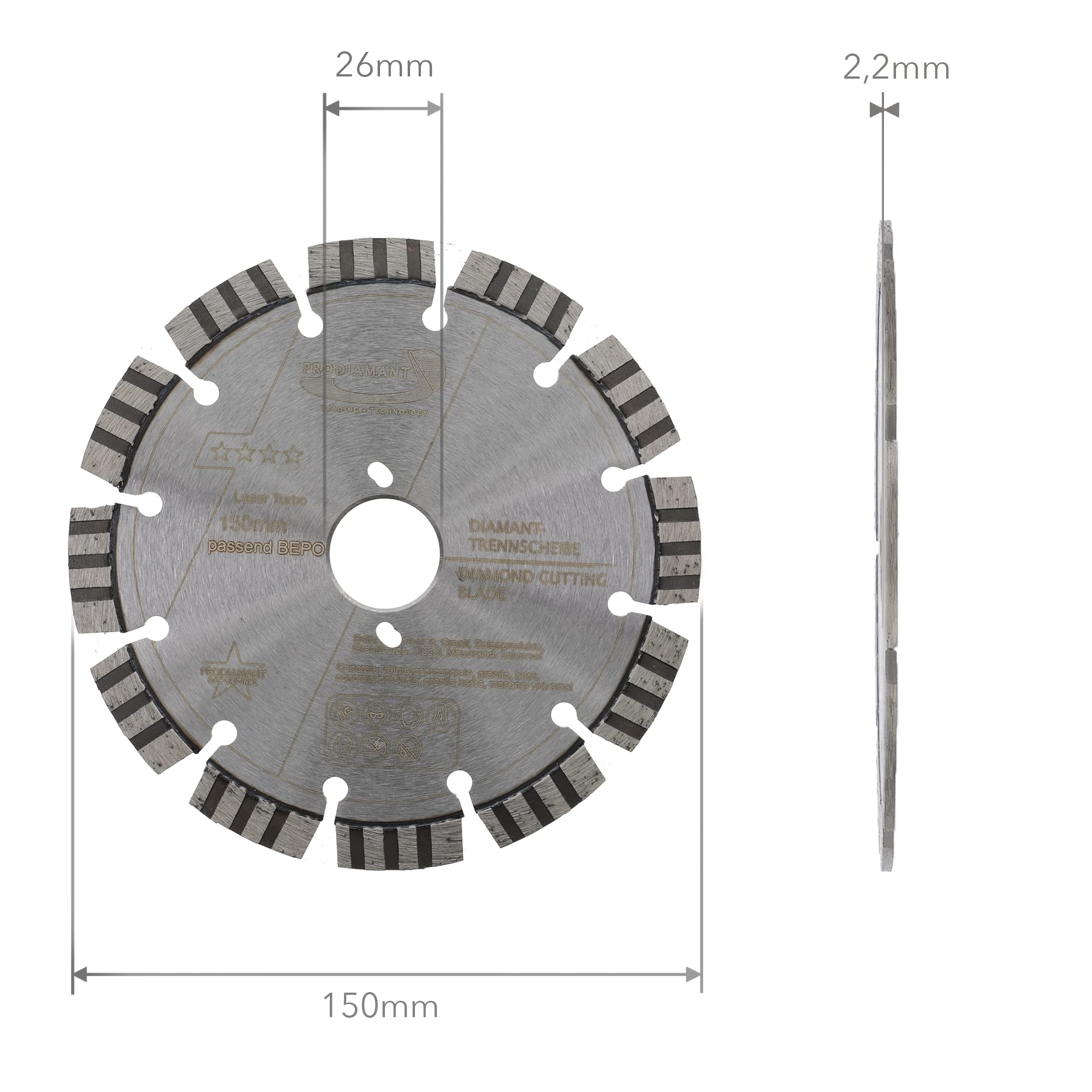 PRODIAMANT Diamentowa tarcza tnąca 150 mm pasująca do Bepo otwór 27 mm z otworami bocznymi, segmenty spawane laserowo do stali, betonu, muru i konstrukcji kompozytowej