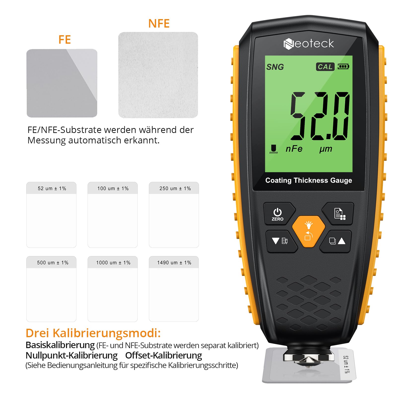Neoteck Lackdickenmessgerät Wiederaufladbar Schichtdickenmessgerät Automatische Erkennung mit Leserotation, DREI Messmodi, 0-1300μm