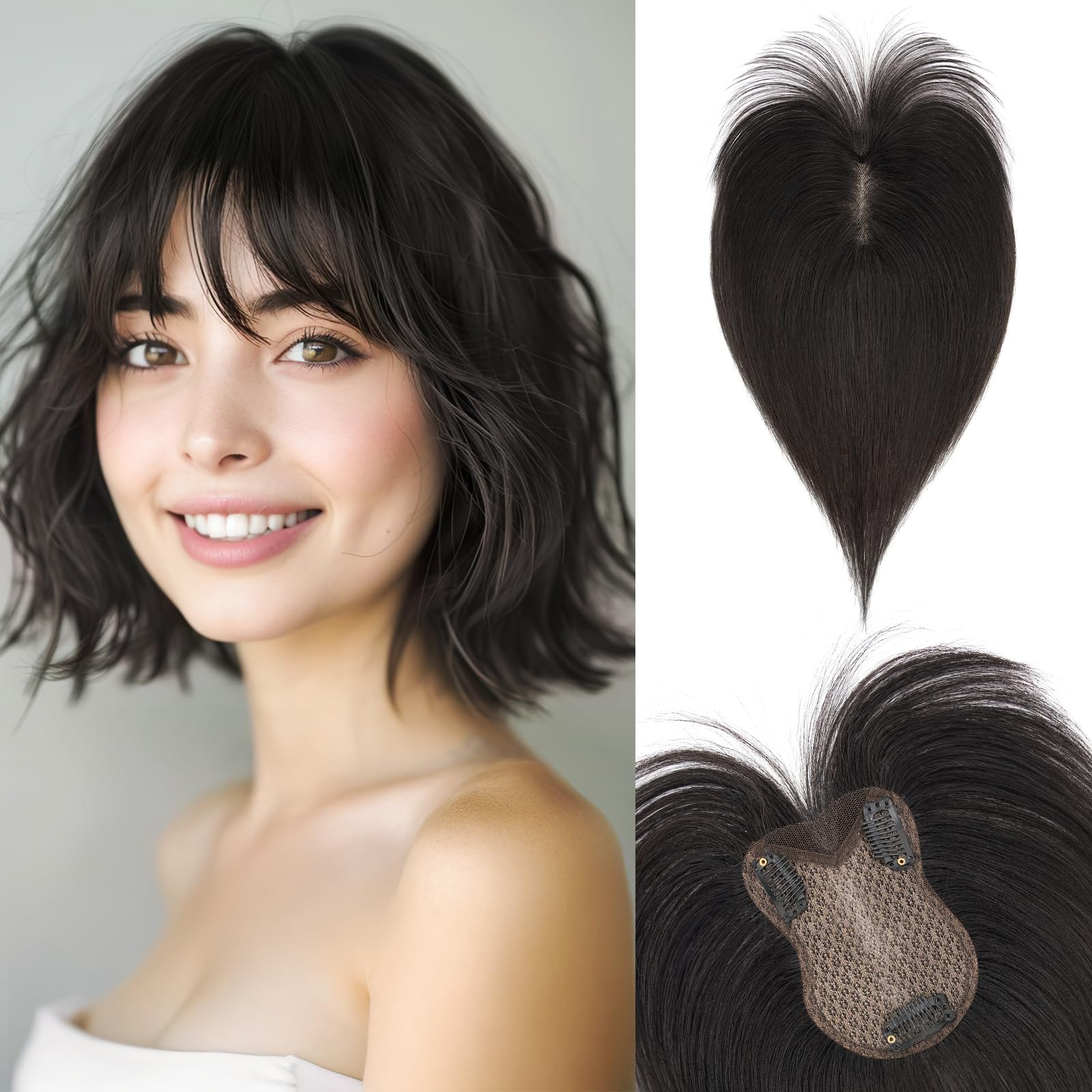 SEGOHAIR Hair Toppers for Women Human Hair with Bangs Double-Layer Hand-stitched 360°3D Coverage Natural for Thinning Hair Add Volume 11inch Black,21g