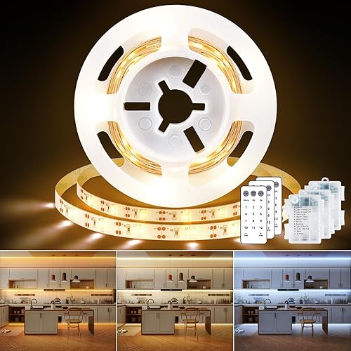Paquete de 3 tiras de luces LED de 6.6 pies, funciona con pilas, tira de luz LED blanca cálida y blanca fría, funciona con pilas, luz flexible y