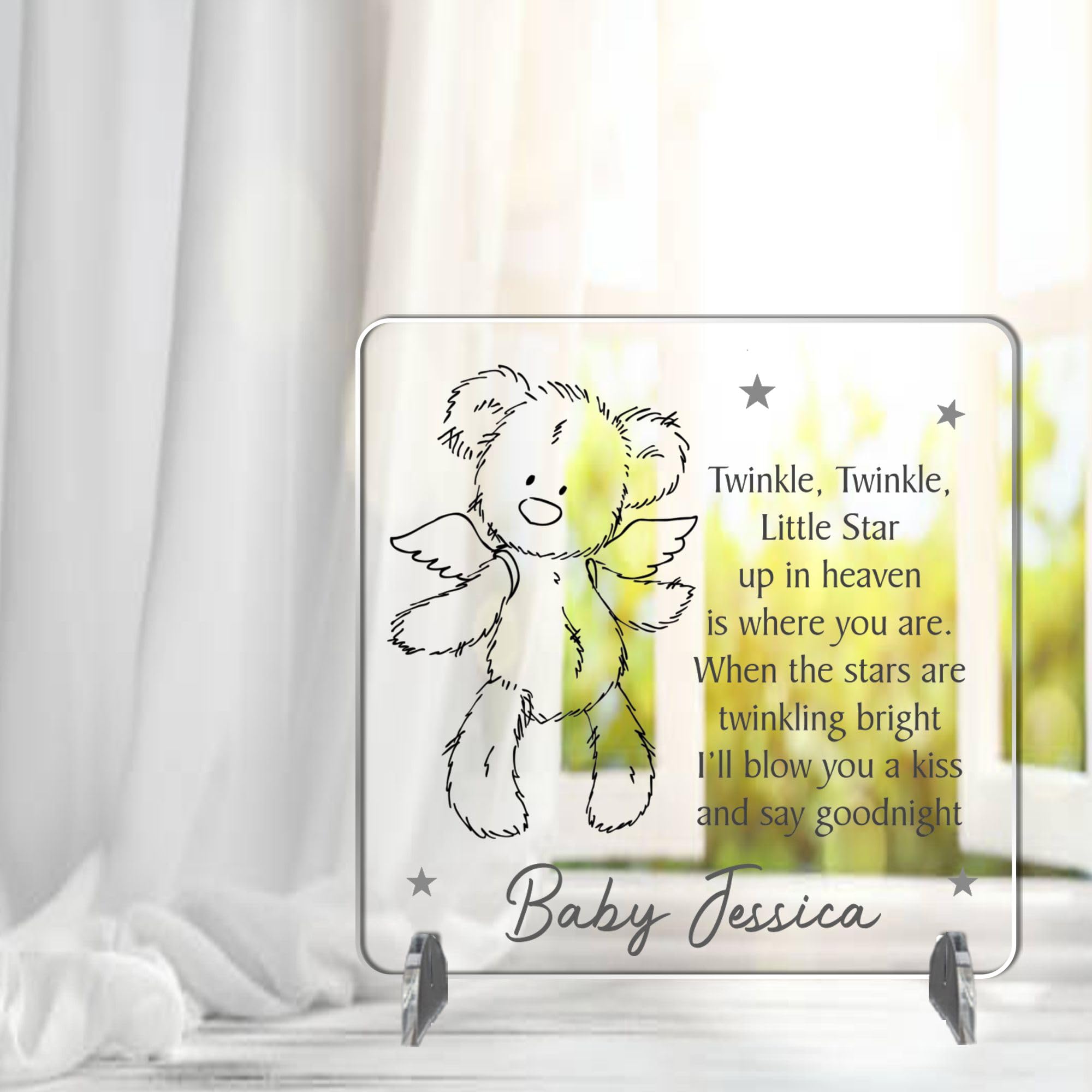 Personalised Baby Memorial Plaque – "Twinkle Twinkle Little Star" Poem with Angel Bear Design – Custom Baby Remembrance Gift with Name – Perfect Nursery Decor (Acrylic Indoor & Outdoor Use)