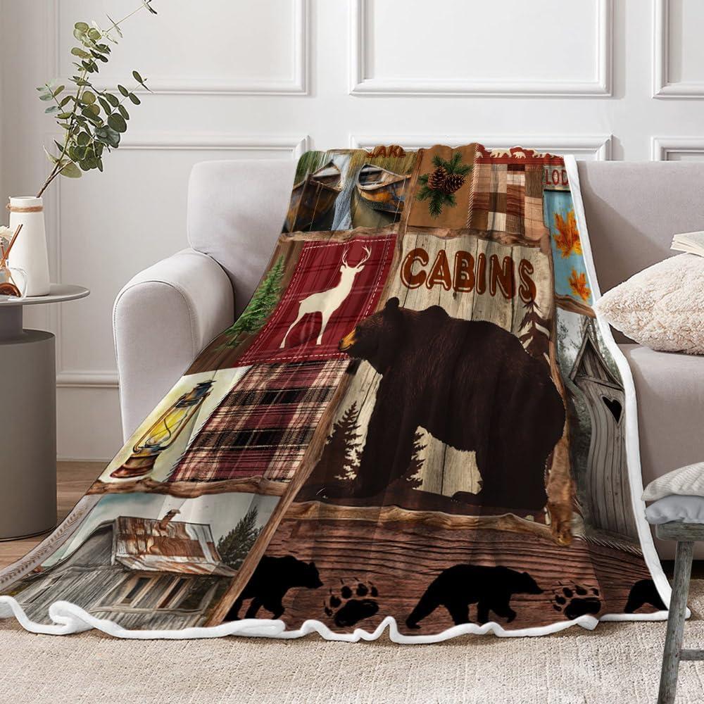 Rustic Cabin Throw Blankets, Vintage Country Antique Lodge Bear Deer Lake Maple Flannel Cozy Fuzzy Plush Couch Throw Blanket, Farmhouse Hunting Camping Throws Decorate The Room and Bedroom Travel - Image 2