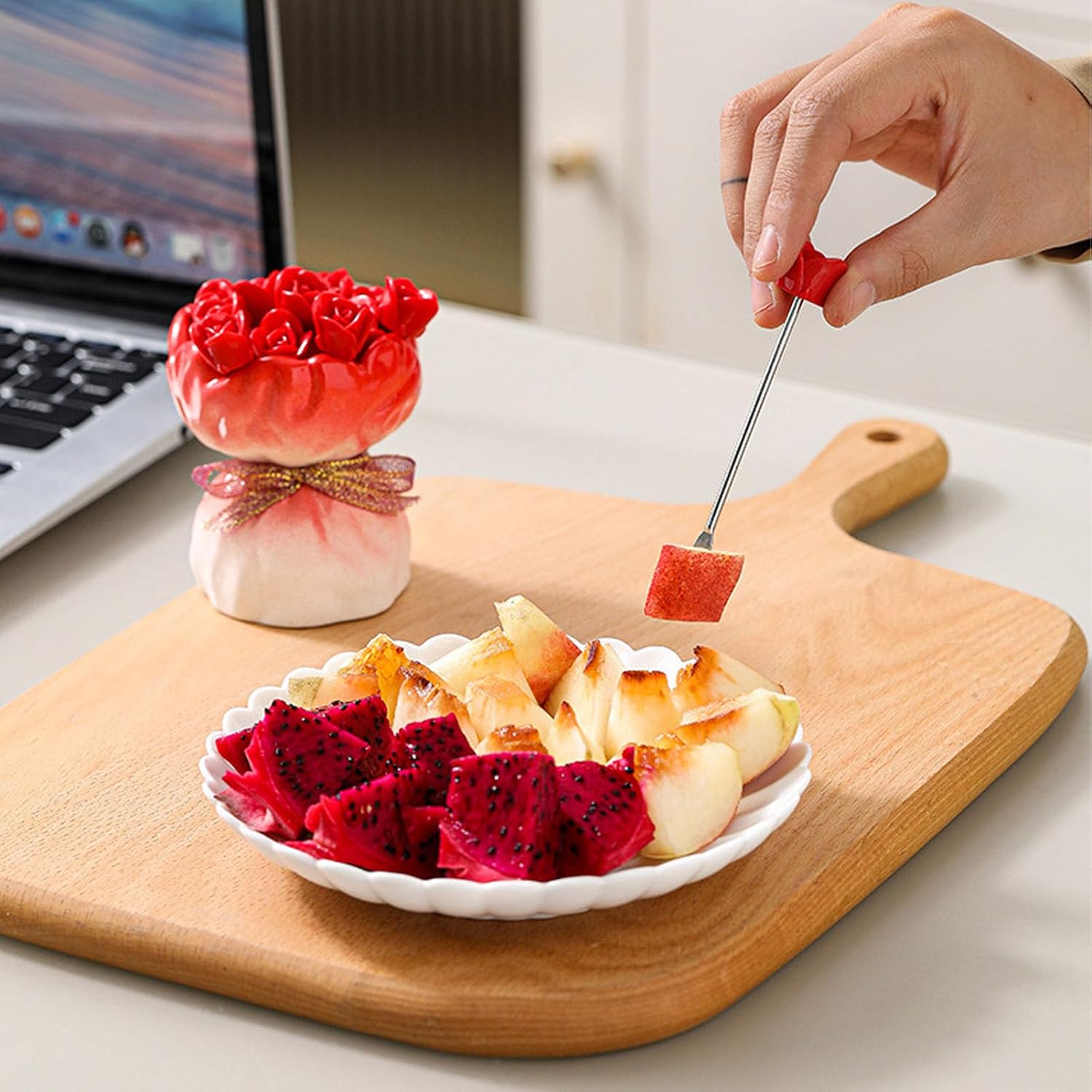 Novelty Artificial Rose Fruit Fork Set, 12 Rose-Shaped Fruit Forks Set, 12 Pcs Rose Shaped Fruits Forks with Elegant Ceramic Storage Vase for Fruits Desserts Party Table Decor (White, 2Set)